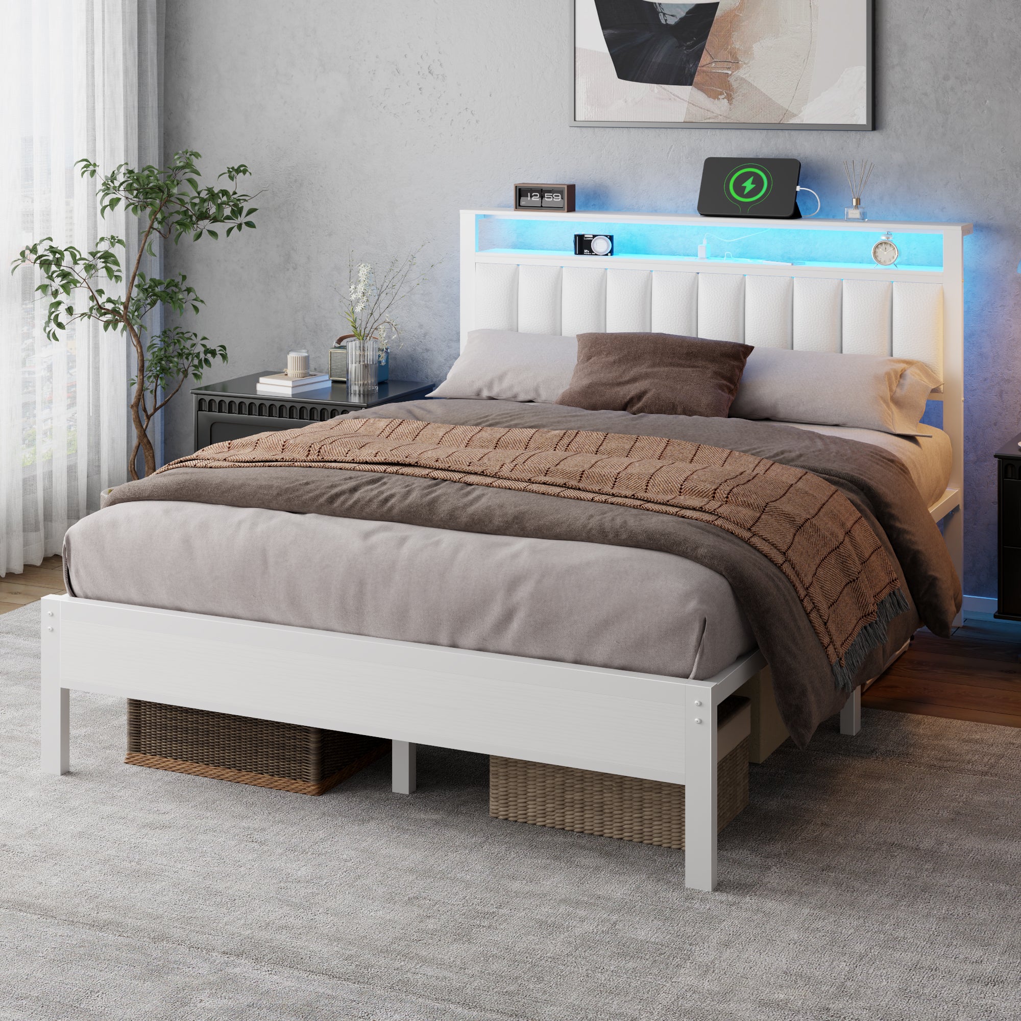 Queen Size Platform Bed Frame with Charging Station LED Lights White PU Leather Upholstered Headboard Storage Shelves Metal Slats Support