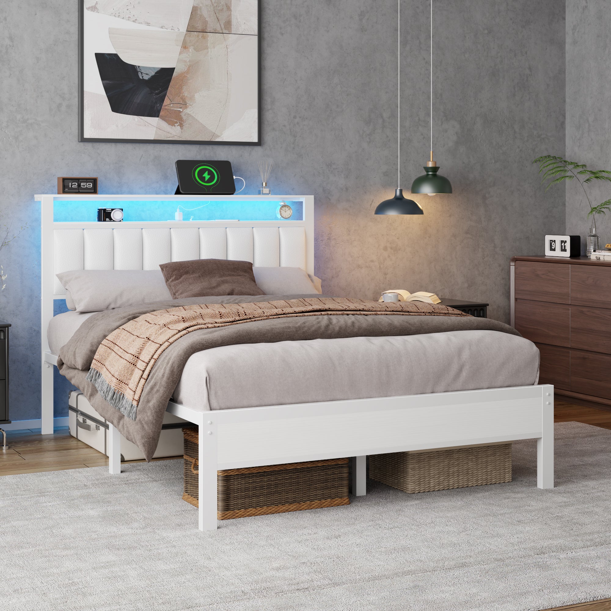 Furnulem White Full Size Bed Frame with Charging Station Led Lights, Pu Leather Upholstered Headboard W/ 2-Tier Storage Shelves No Box Spring Needed