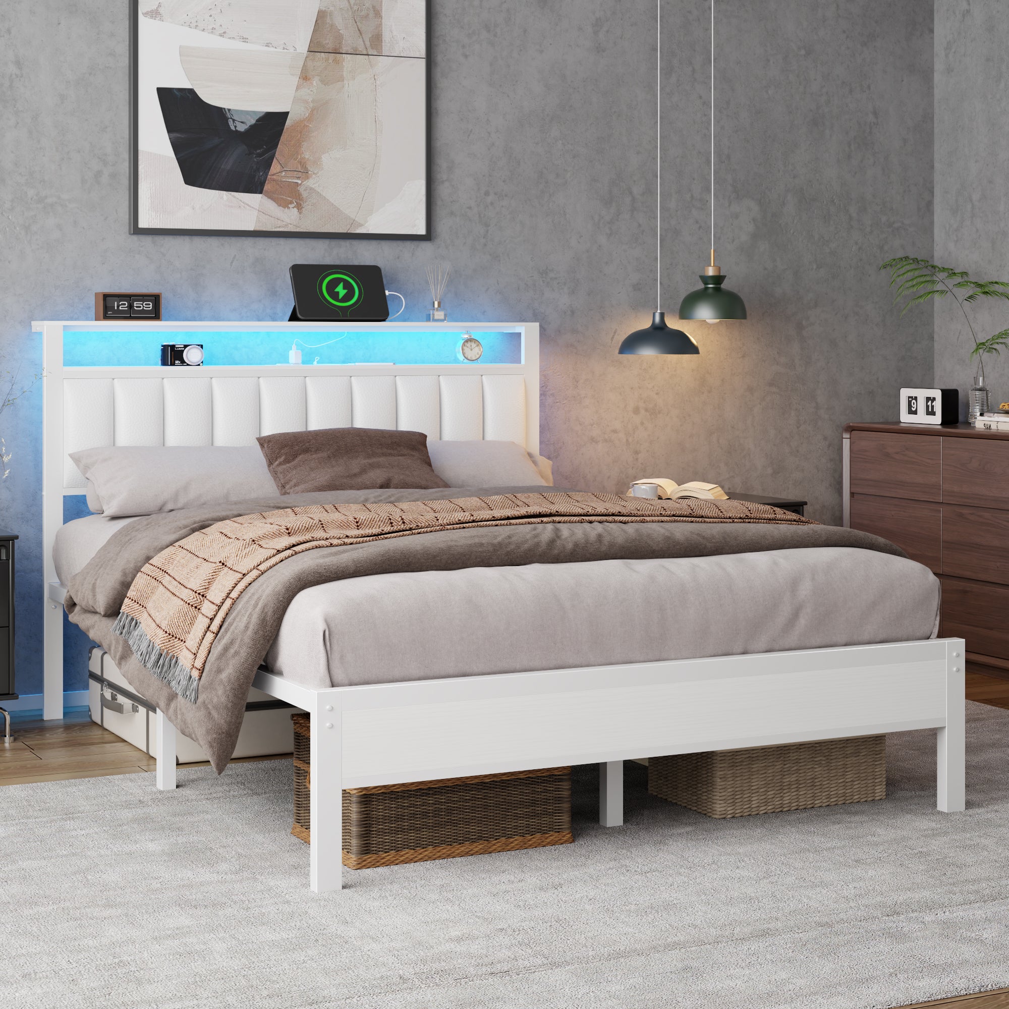 White Faux Leather Queen Bed Frame with Charging Station LED Lights Bookcase Headboard 2 Tier Storage Shelf Metal Platform No Box Spring Needed