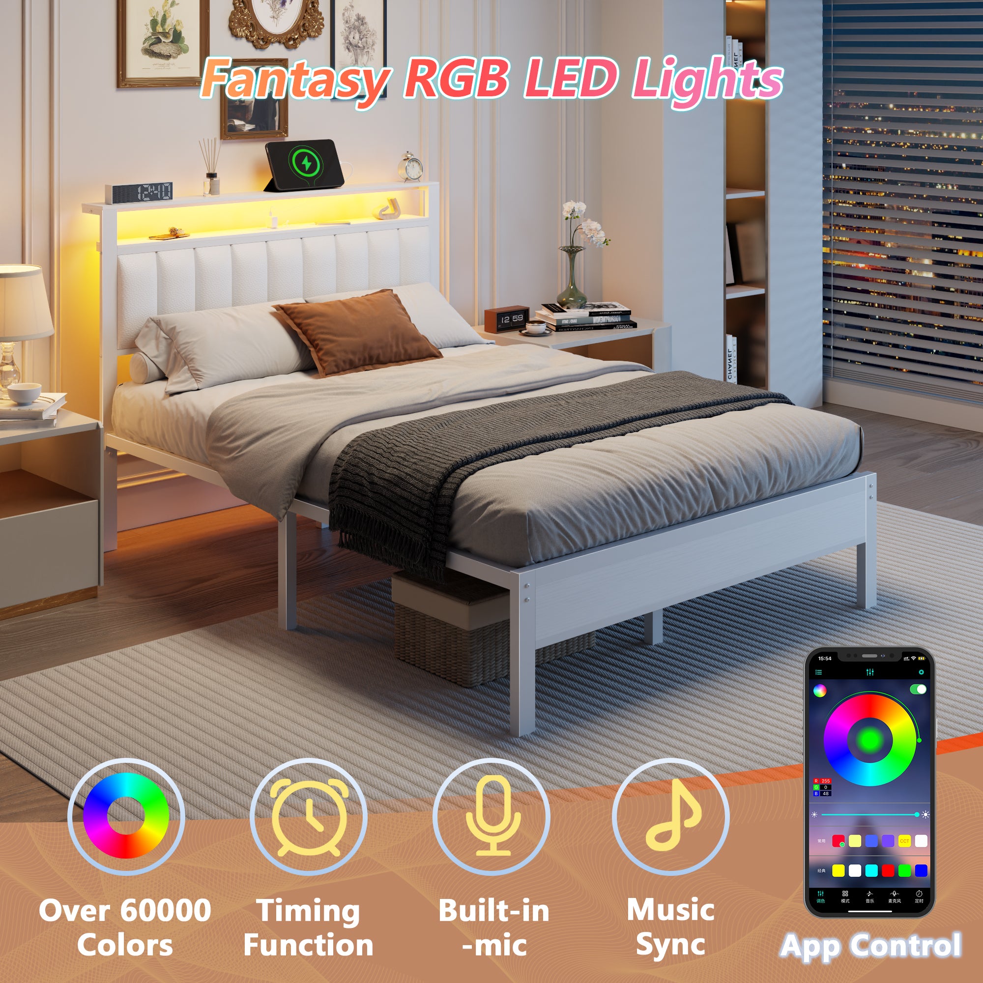 Furnulem White Full Size Bed Frame with Charging Station Led Lights, Pu Leather Upholstered Headboard W/ 2-Tier Storage Shelves No Box Spring Needed