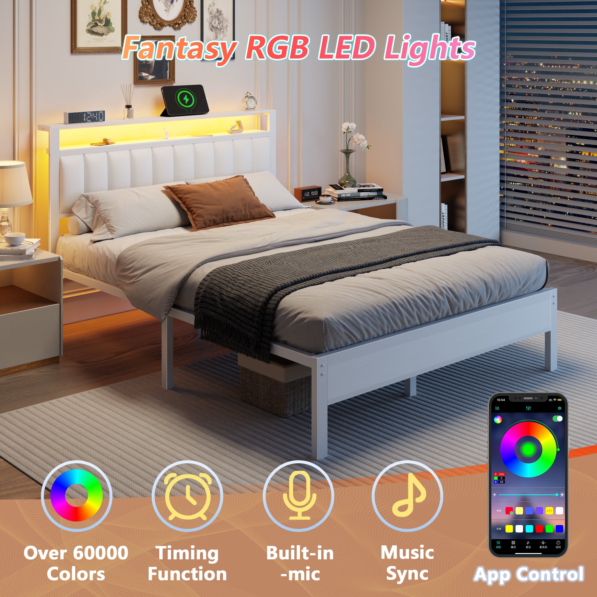 Queen Size Platform Bed Frame with Charging Station LED Lights White PU Leather Upholstered Headboard Storage Shelves Metal Slats Support