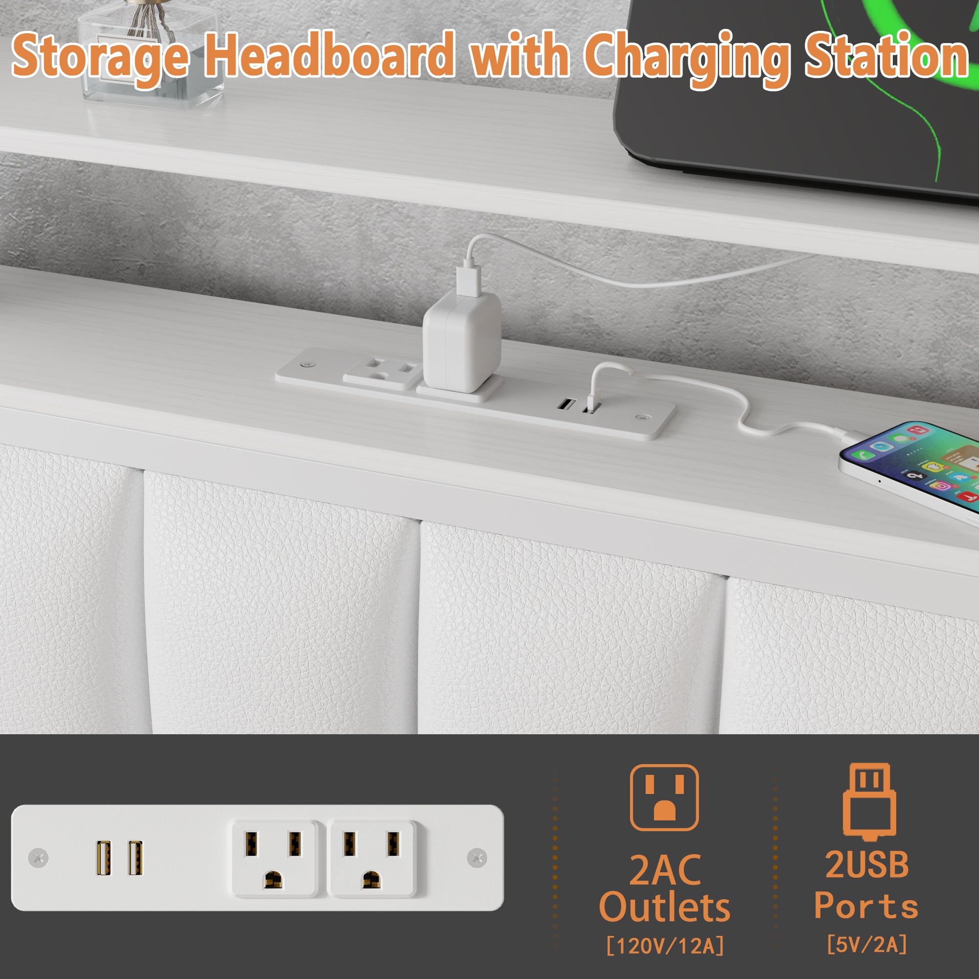 Full Bed Frame with Charging Station LED Lights PU Leather Upholstered Storage Headboard 2 Tier Shelves Modern Platform Bed Metal Slats No Box Spring