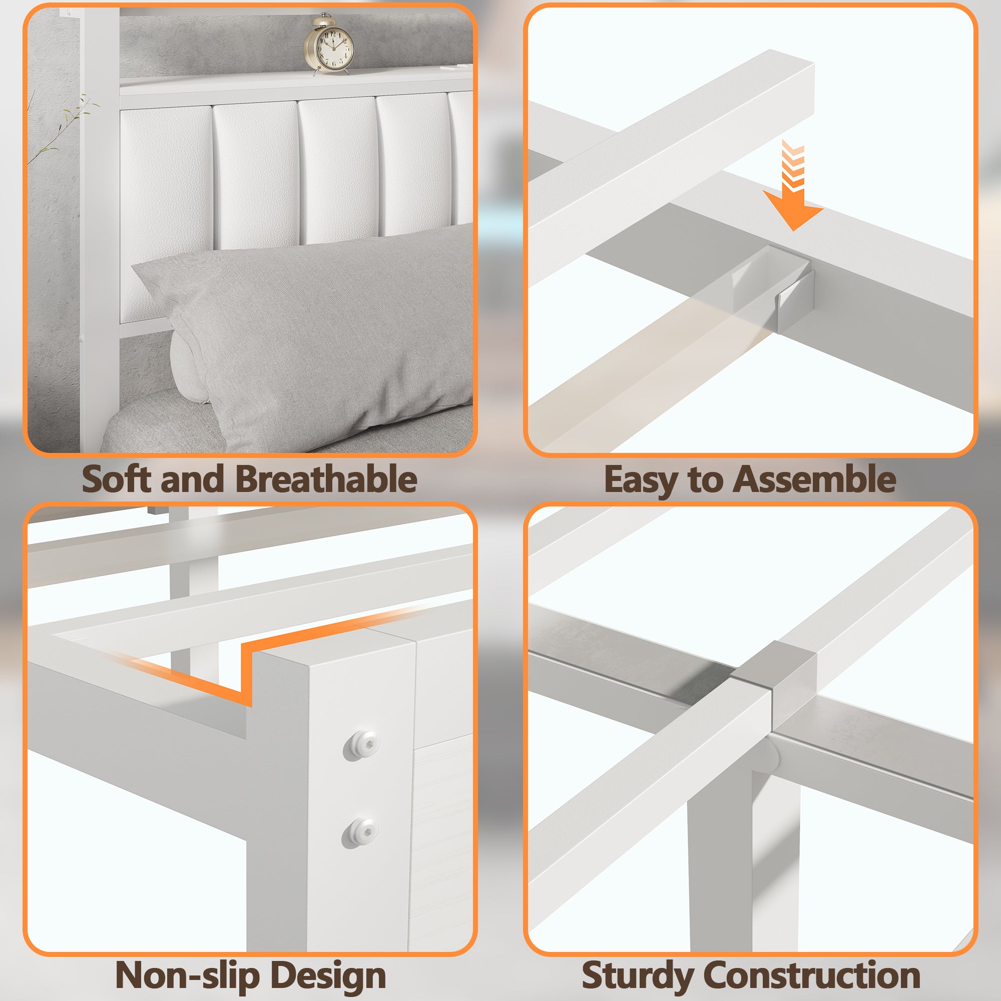 Furnulem White Full Size Bed Frame with Charging Station Led Lights, Pu Leather Upholstered Headboard W/ 2-Tier Storage Shelves No Box Spring Needed