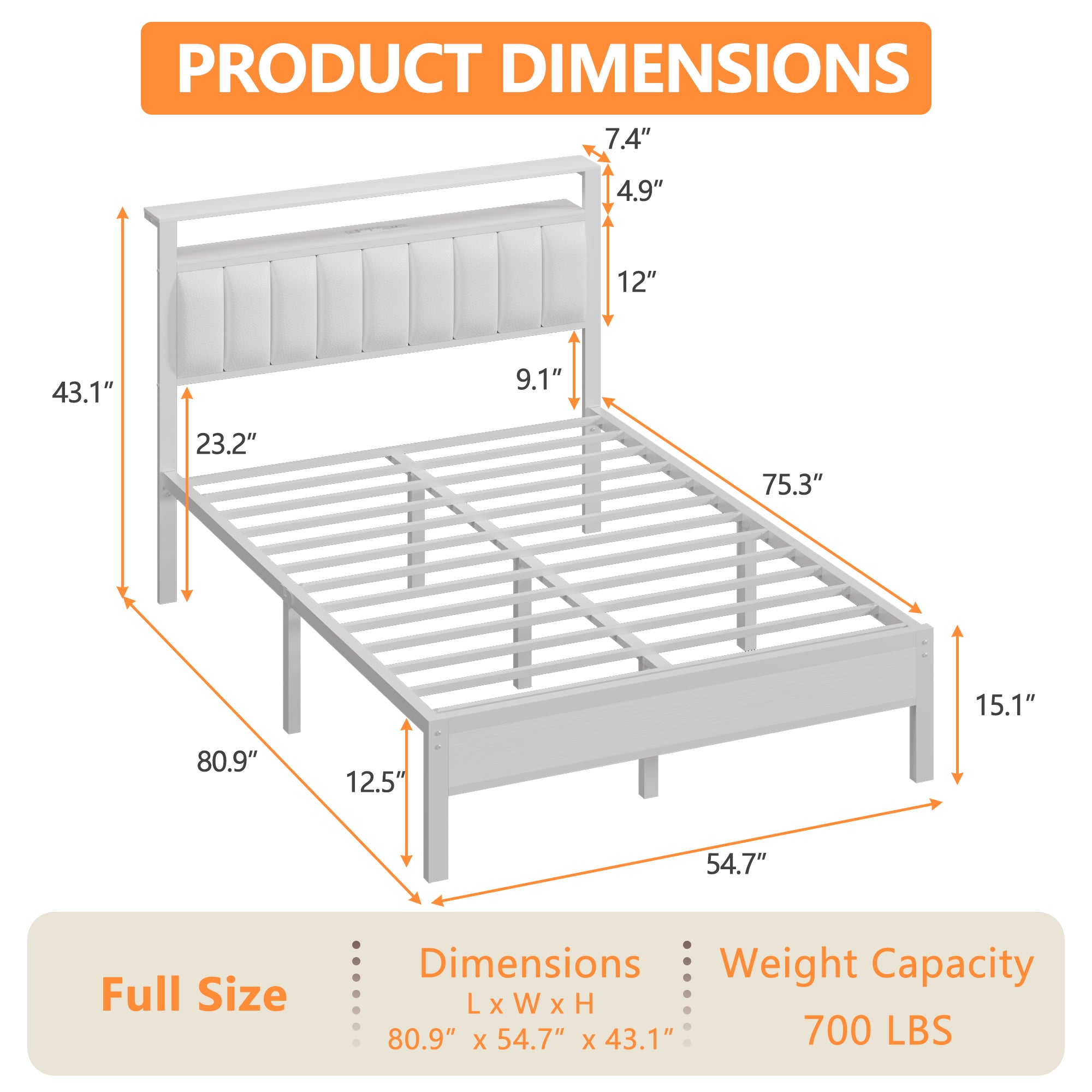 Full Bed Frame with Charging Station LED Lights PU Leather Upholstered Storage Headboard 2 Tier Shelves Modern Platform Bed Metal Slats No Box Spring