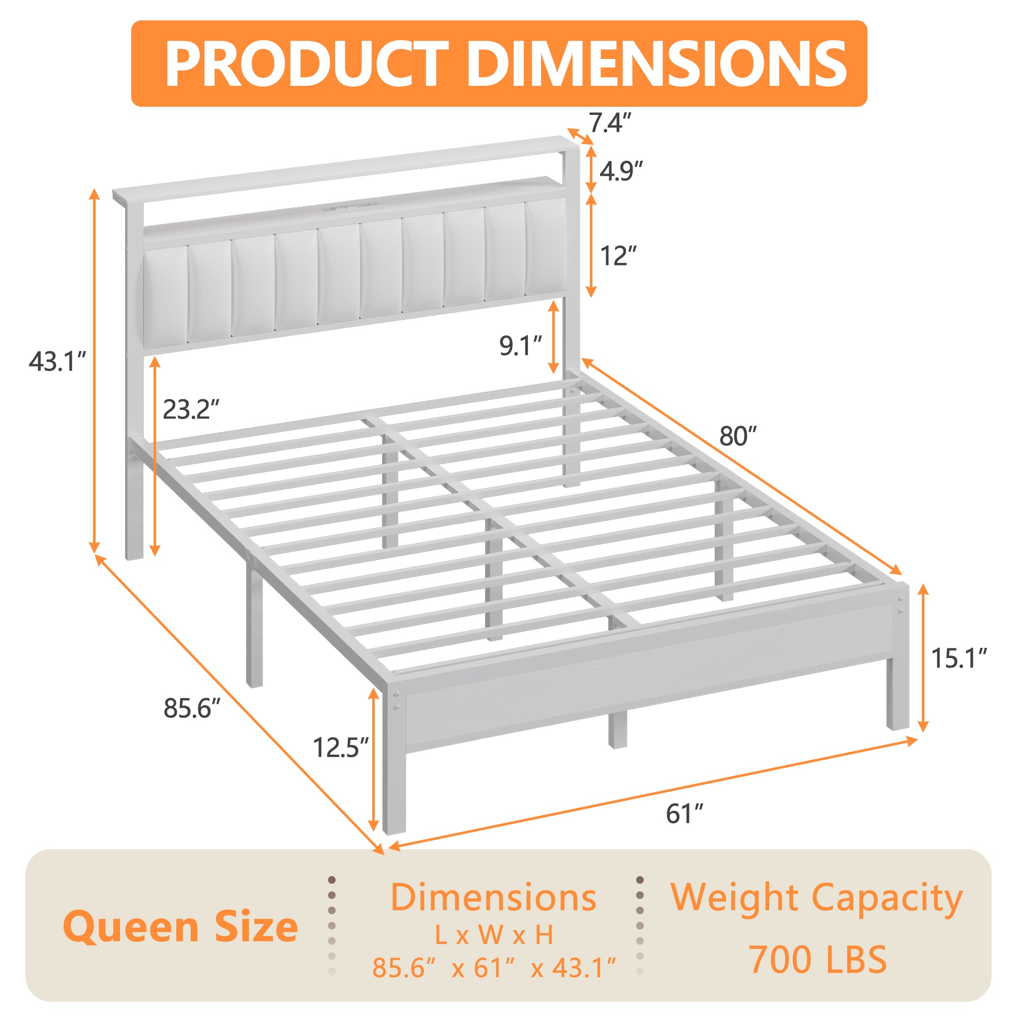White Upholstered Queen Bed Frame with Storage Headboard LED Lights Charging Station Faux Leather Metal Platform 2 Tier Shelf No Box Spring Need