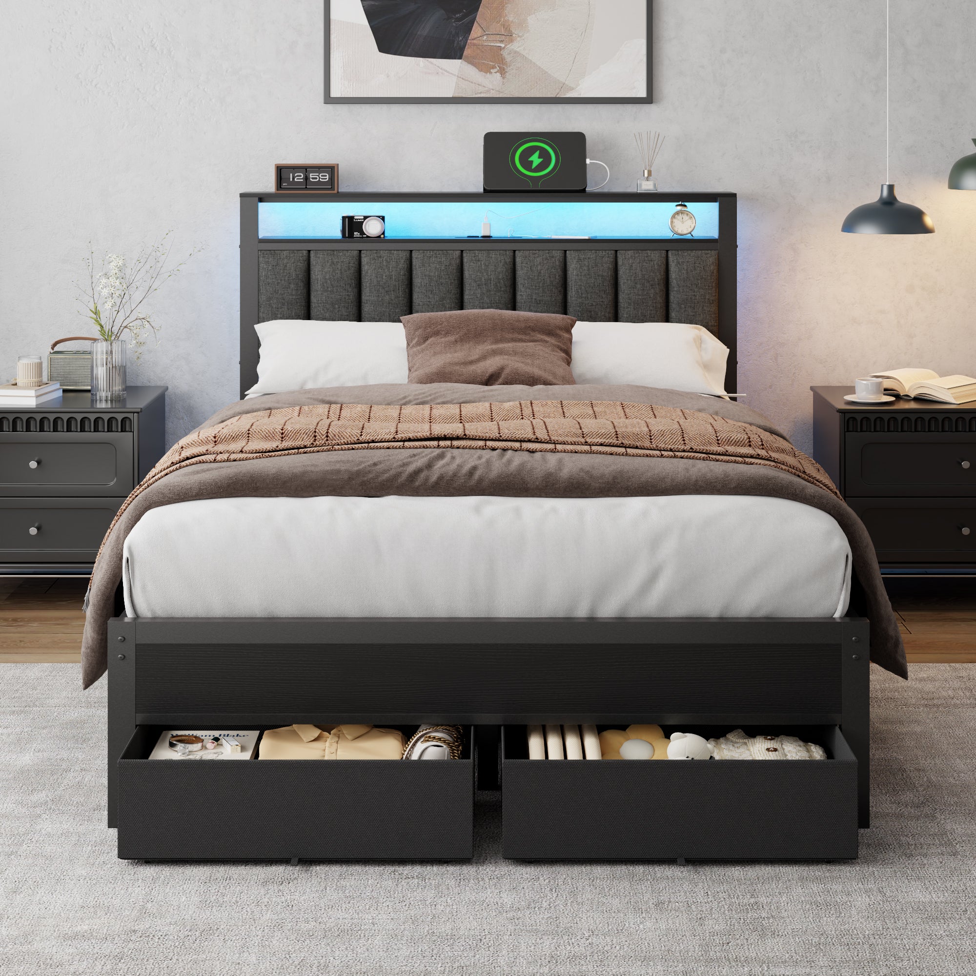 Full Size Bed Frame with Storage Headboard Charging Station LED Lights 2 Drawers Grey Upholstered Metal Platform No Box Spring Needed Under Bed