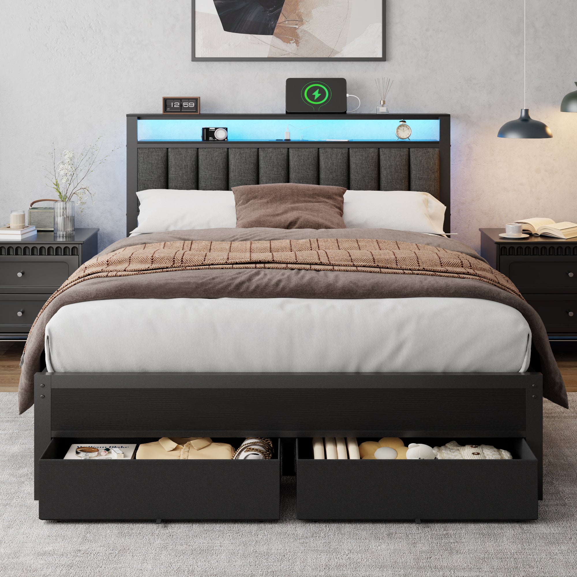 Queen Platform Bed Frame with Charging Station LED Lights 2 Storage Drawers Grey Upholstered Headboard Metal Support No Box Spring Needed