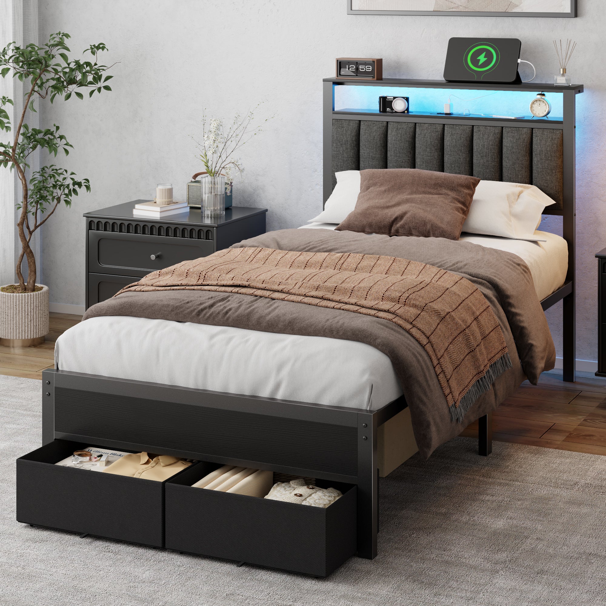 Grey Upholstered Twin Size Bed Frame Storage Headboard Shelf 2 Drawers Metal Platform Heavy Duty No Box Spring Needed Modern Kids Dorm Room