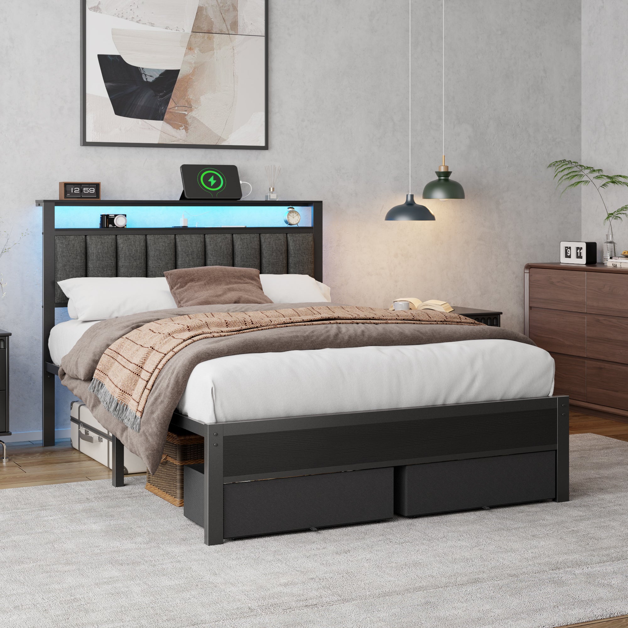 Full Size Bed Frame with Storage Headboard Charging Station LED Lights 2 Drawers Grey Upholstered Metal Platform No Box Spring Needed Under Bed