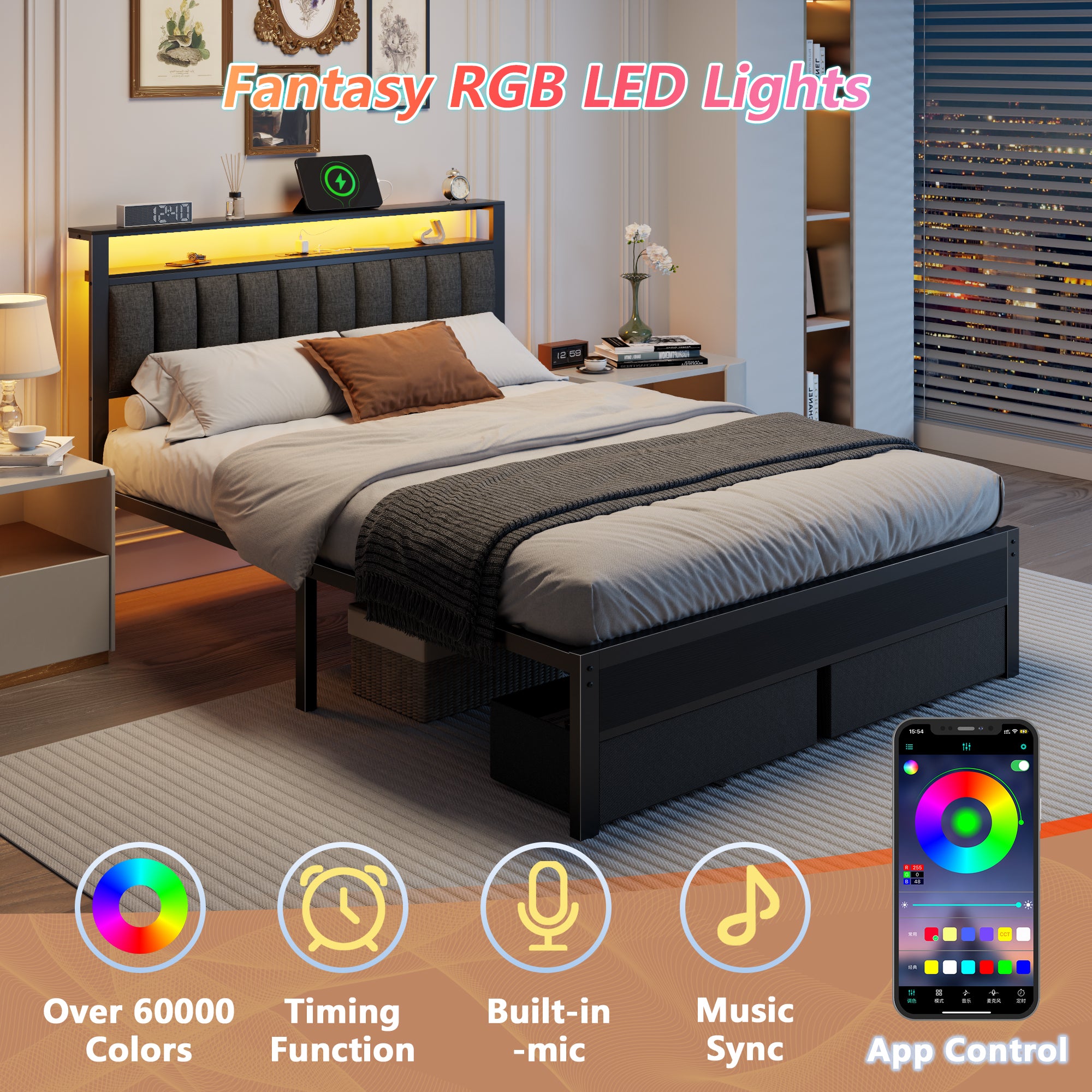 Queen Platform Bed Frame with Charging Station LED Lights 2 Storage Drawers Grey Upholstered Headboard Metal Support No Box Spring Needed