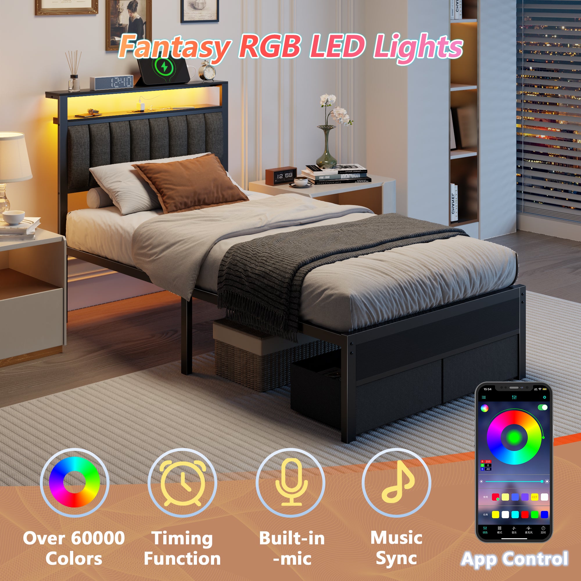 Twin Size Platform Bed Frame 2 Storage Drawers Headboard Shelf Grey Upholstered Metal Heavy Duty No Box Spring Needed Kids Dorm Bedroom