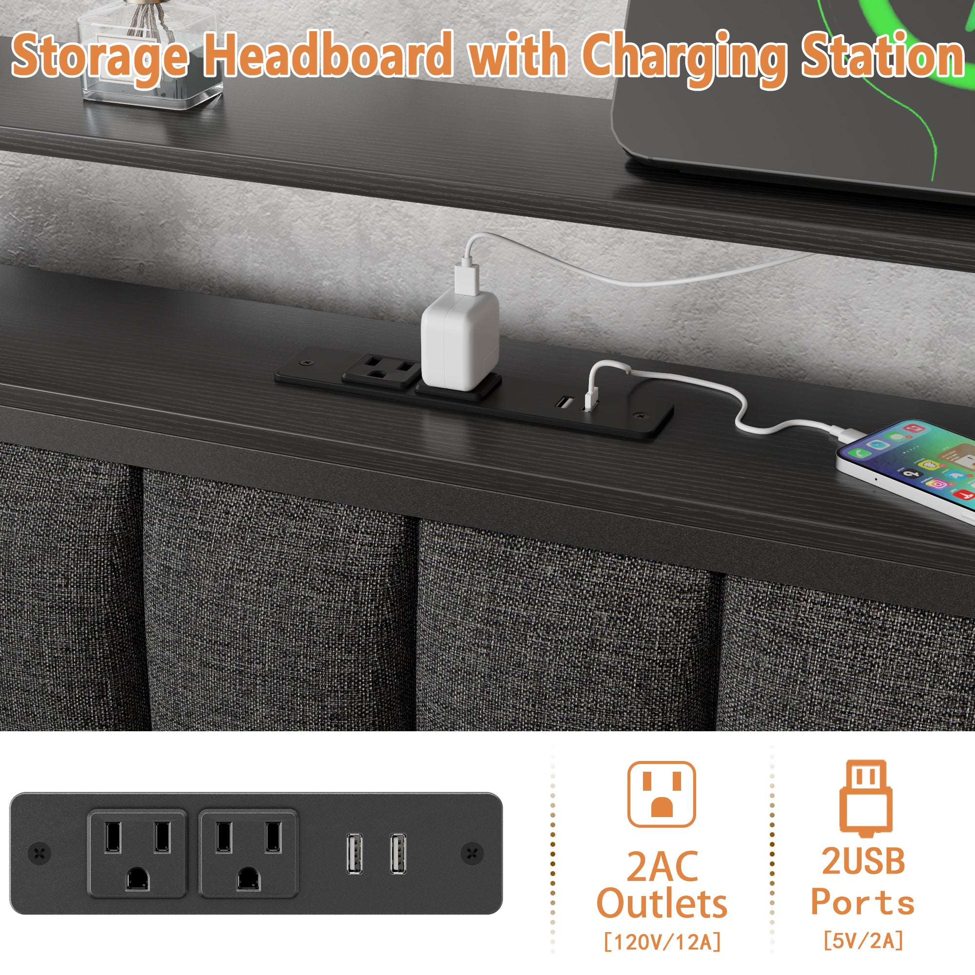 Queen Platform Bed Frame with Charging Station LED Lights 2 Storage Drawers Grey Upholstered Headboard Metal Support No Box Spring Needed