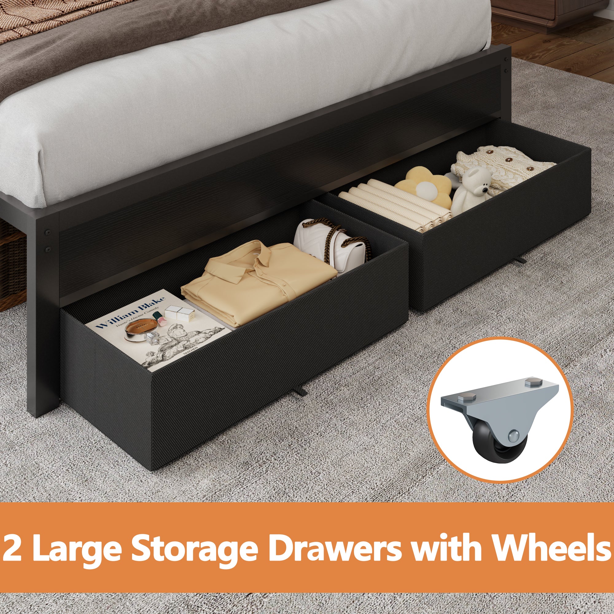 Queen Platform Bed Frame with Charging Station LED Lights 2 Storage Drawers Grey Upholstered Headboard Metal Support No Box Spring Needed
