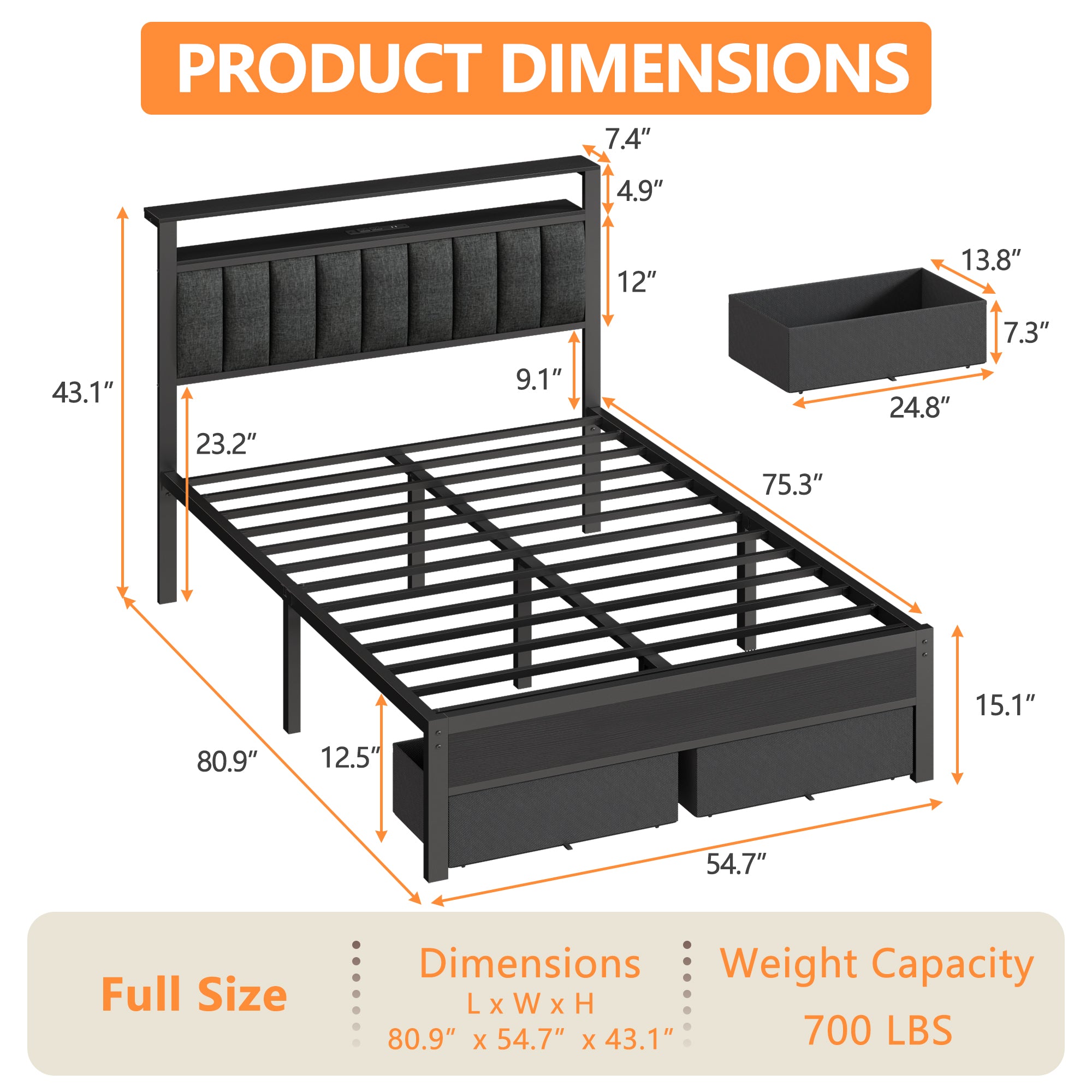 Full Storage Bed Frame with Charging Station LED Lights Bookcase Headboard 2 Drawers Metal Platform Upholstered No Box Spring Needed Shelf