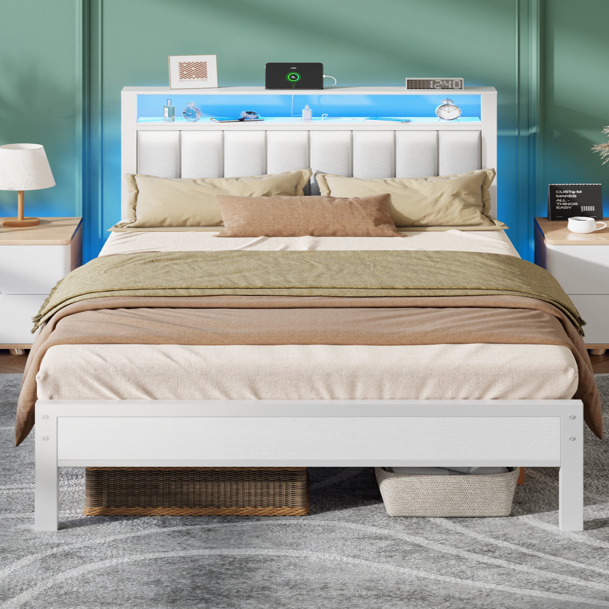 Furnulem Full Size Bed Frame with Charging Station & LED Lights, Modern Platform Bed with 2-Tier Storage Shelves, White PU Leather Upholstered Headboard, No Box Spring Needed, Metal Slats Support