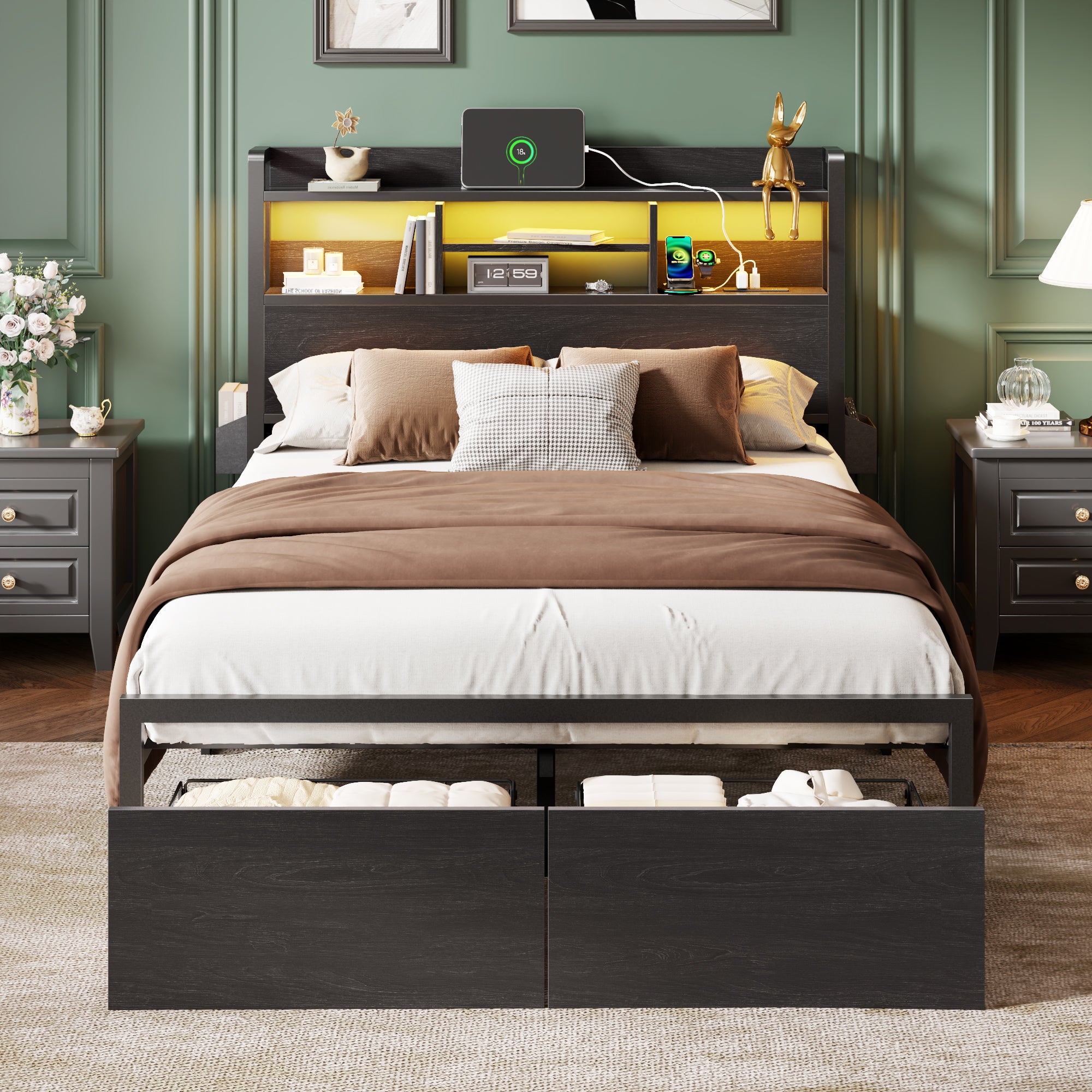 Full Size Bed Frame with Wood Headboard and Storage Shelf Metal Platform Bed Frame Queen Size with Storage Drawers LED Lights and Charging Station