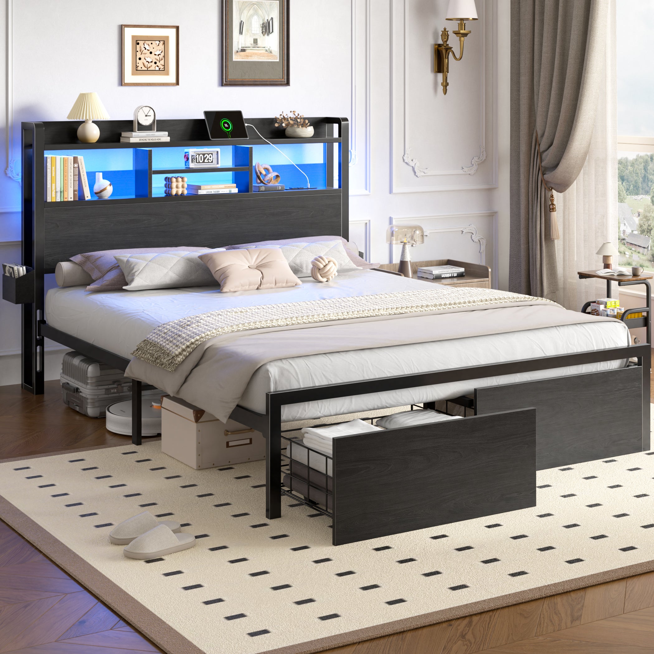 Furnulem Queen Size Bed Frame with Wooden Headboard and Shelves Metal Platform Bed Frame with Storage Drawers LED Lights and Charging Station Black