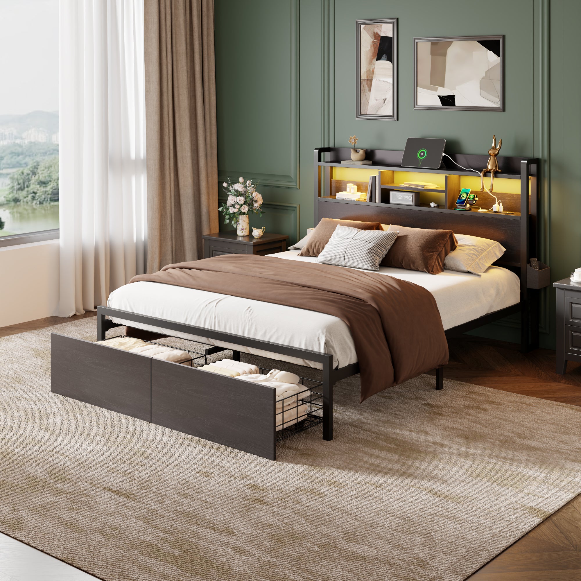 Qwatto Full Size Platform Bed Frame With Storage Drawers Charging Station LED Lights Black Metal Wood Headboard Shelf No Box Spring Needed Home