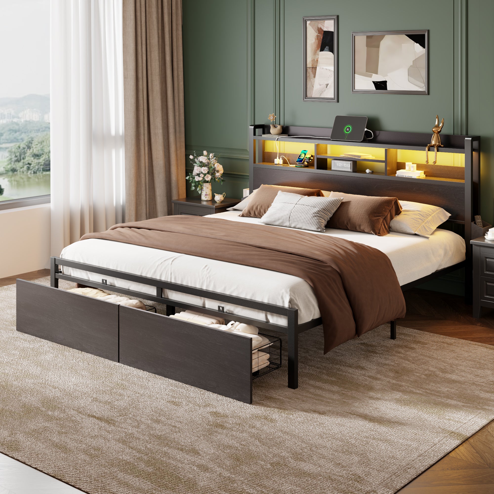 Modern King Bed Frame with Storage Drawers Charging Station USB Ports LED Headboard Shelf Black Metal Platform Bed Heavy Duty Noise Free Support