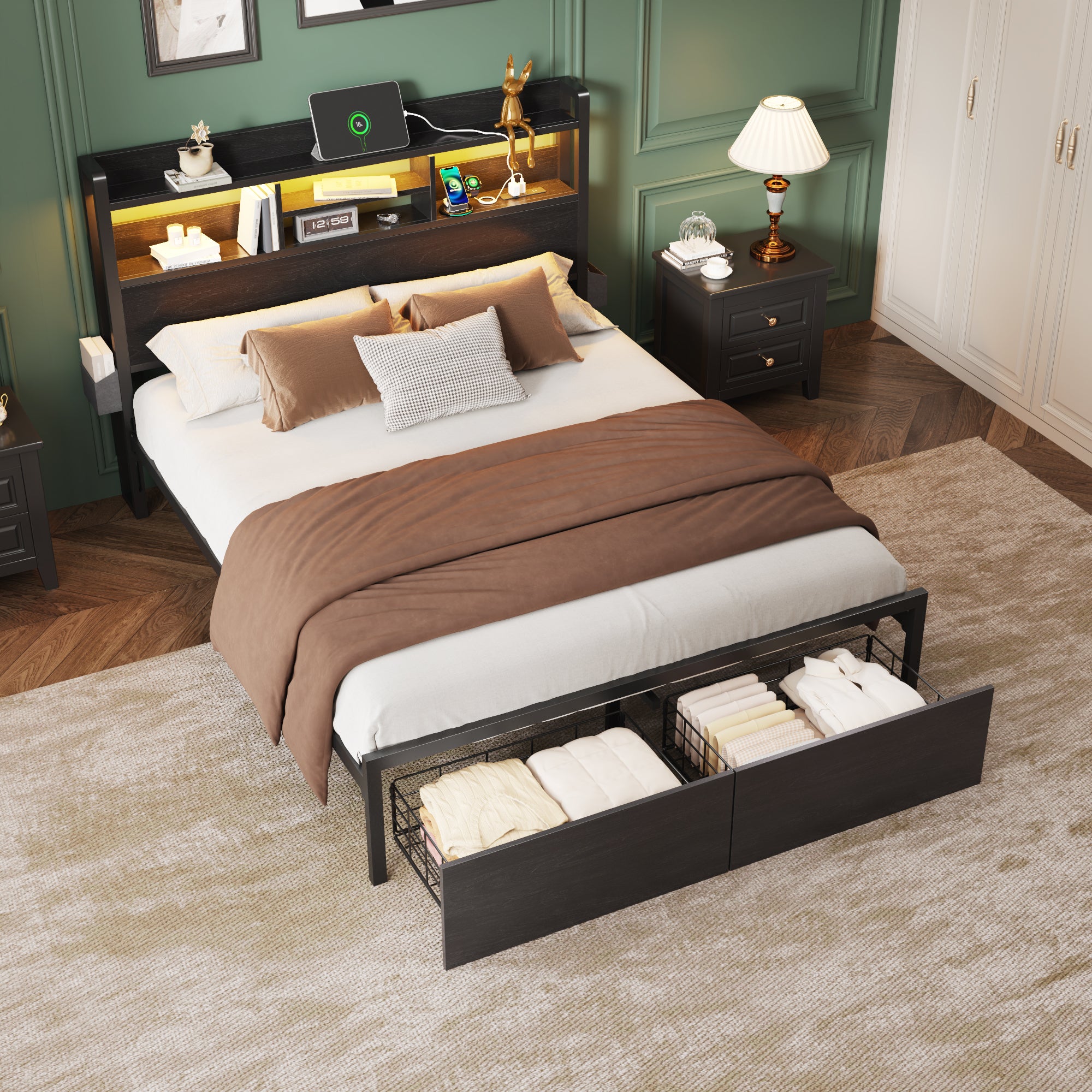 Qwatto Full Size Platform Bed Frame With Storage Drawers Charging Station LED Lights Black Metal Wood Headboard Shelf No Box Spring Needed Home