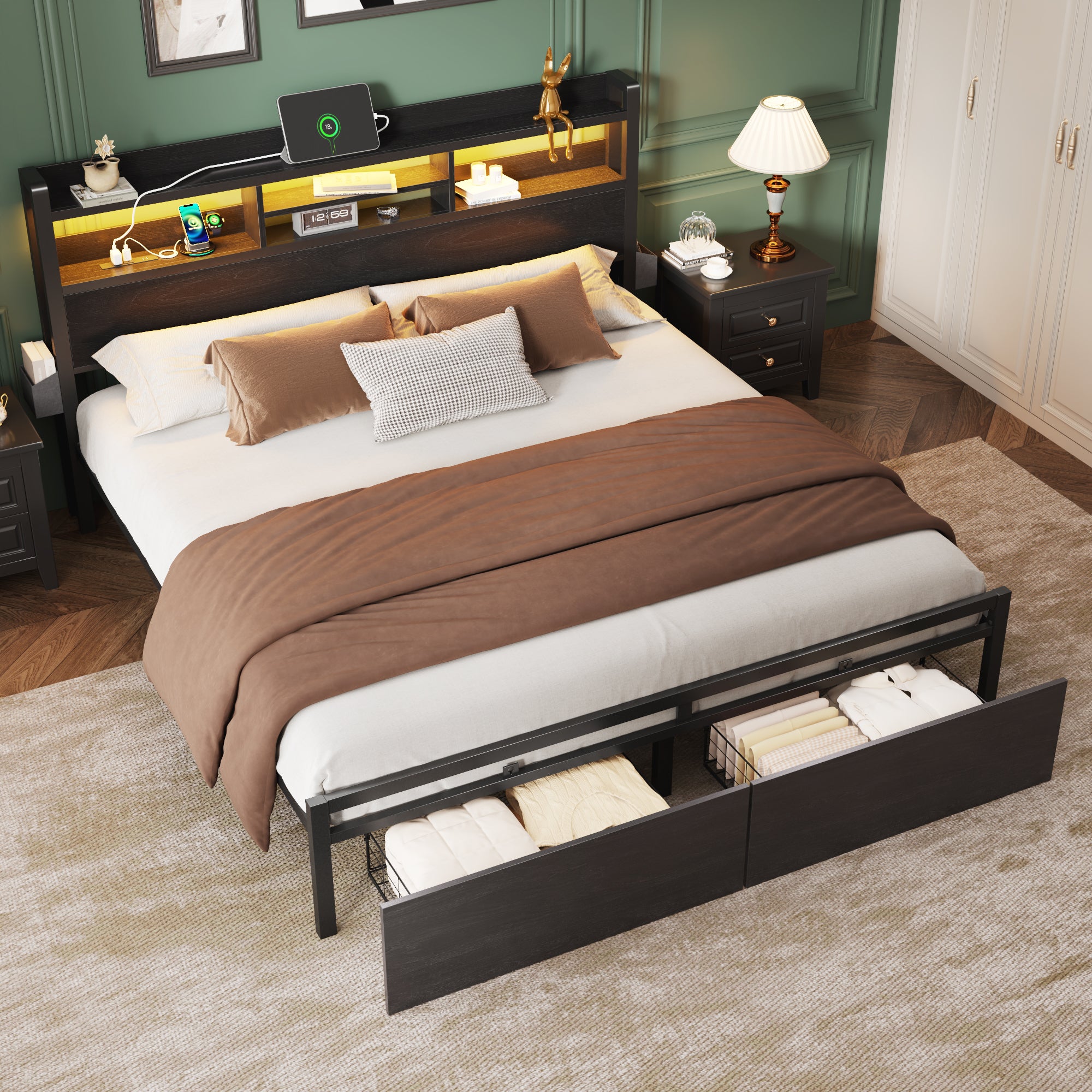 Modern King Bed Frame with Storage Drawers Charging Station USB Ports LED Headboard Shelf Black Metal Platform Bed Heavy Duty Noise Free Support