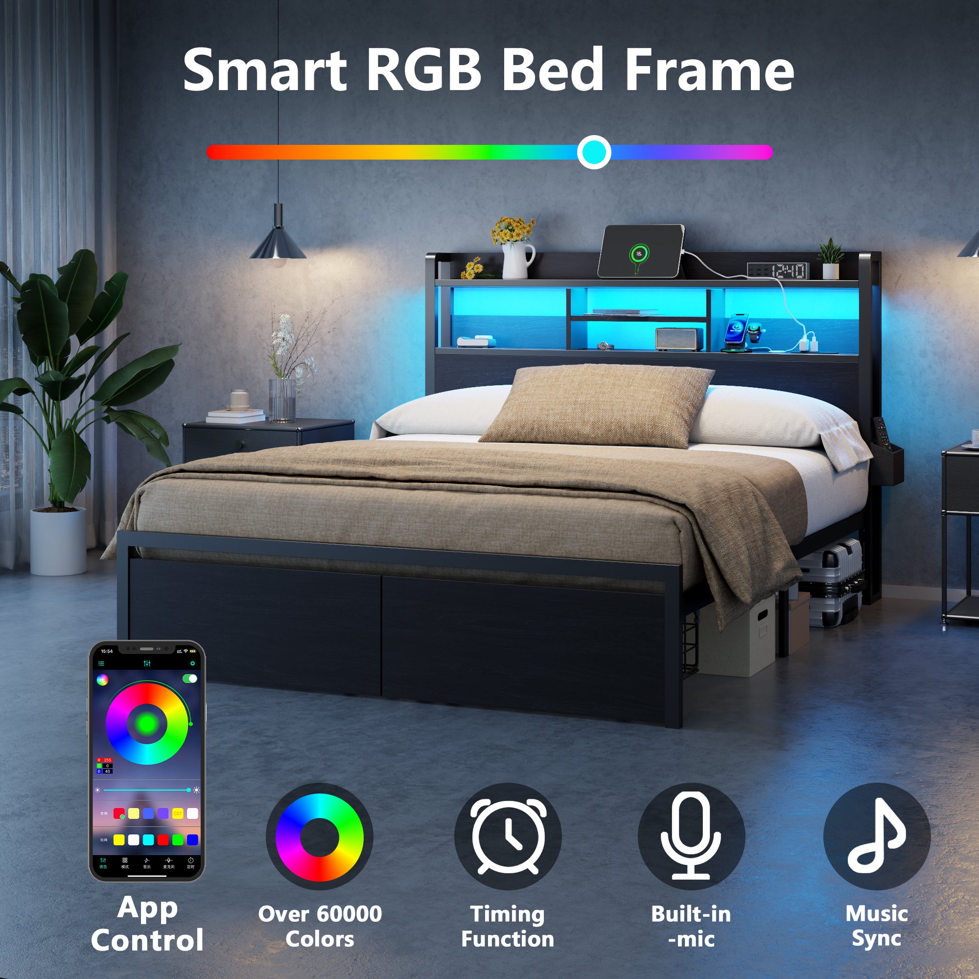 Qwatto Full Size Platform Bed Frame With Storage Drawers Charging Station LED Lights Black Metal Wood Headboard Shelf No Box Spring Needed Home