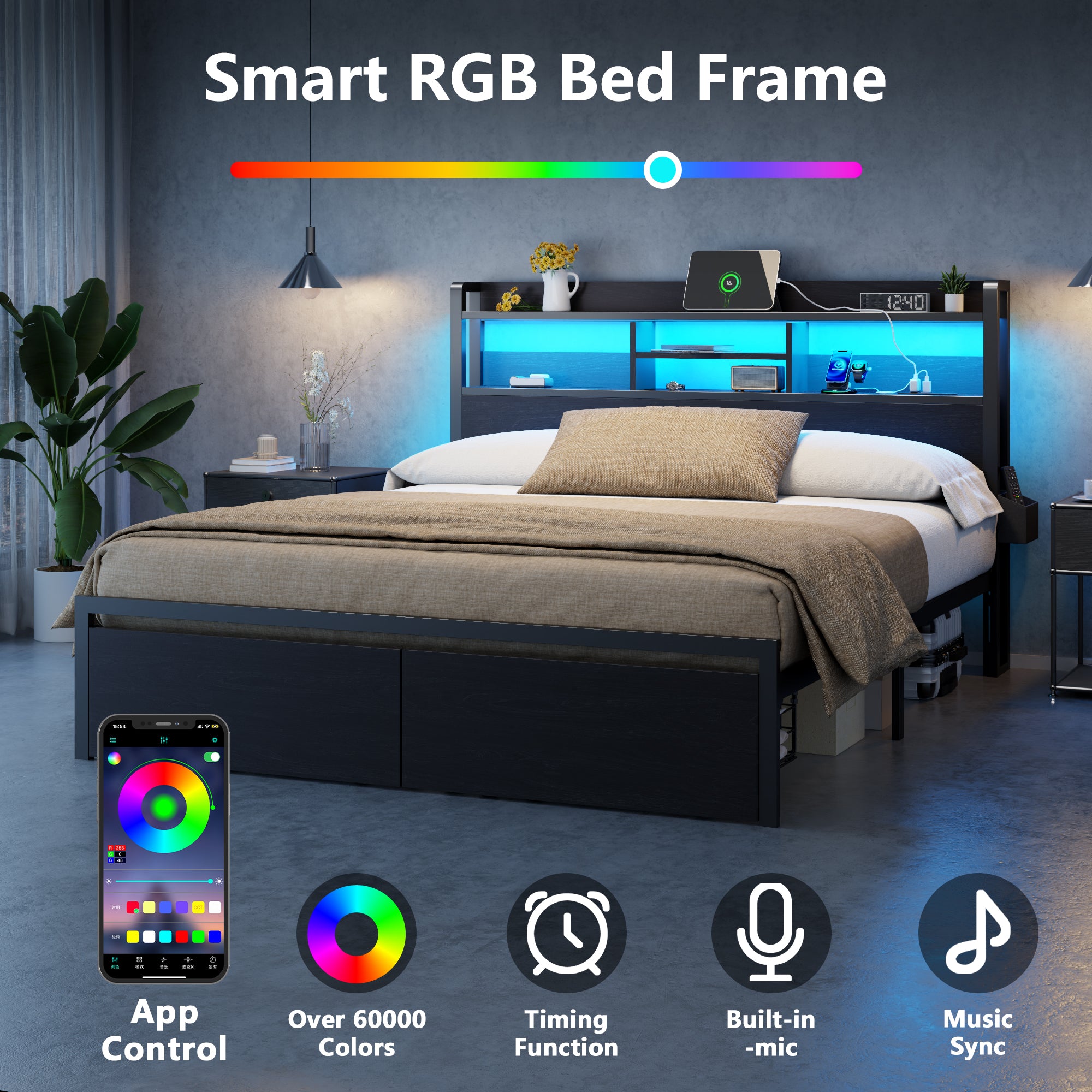 Furnulem Queen Size Bed Frame with Wooden Headboard and Shelves Metal Platform Bed Frame with Storage Drawers LED Lights and Charging Station Black