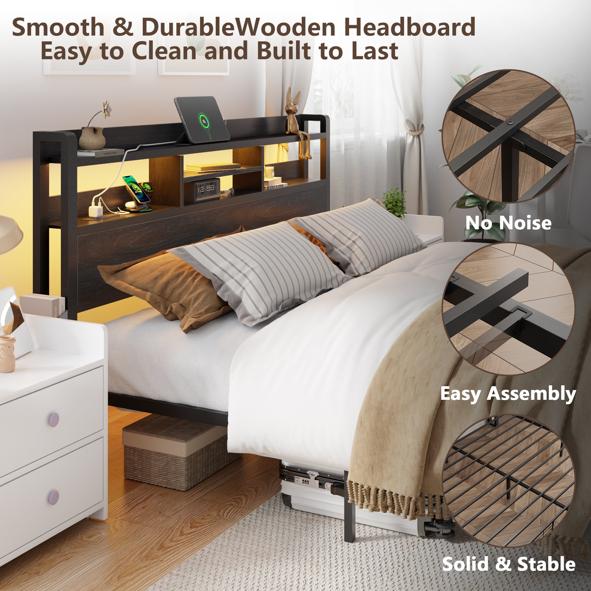 Furnulem Full Size Bed Frame with Wood Headboard and Storage Shelf Metal Platform Bed Frame with Storage Drawers LED Lights and Charging Station Black