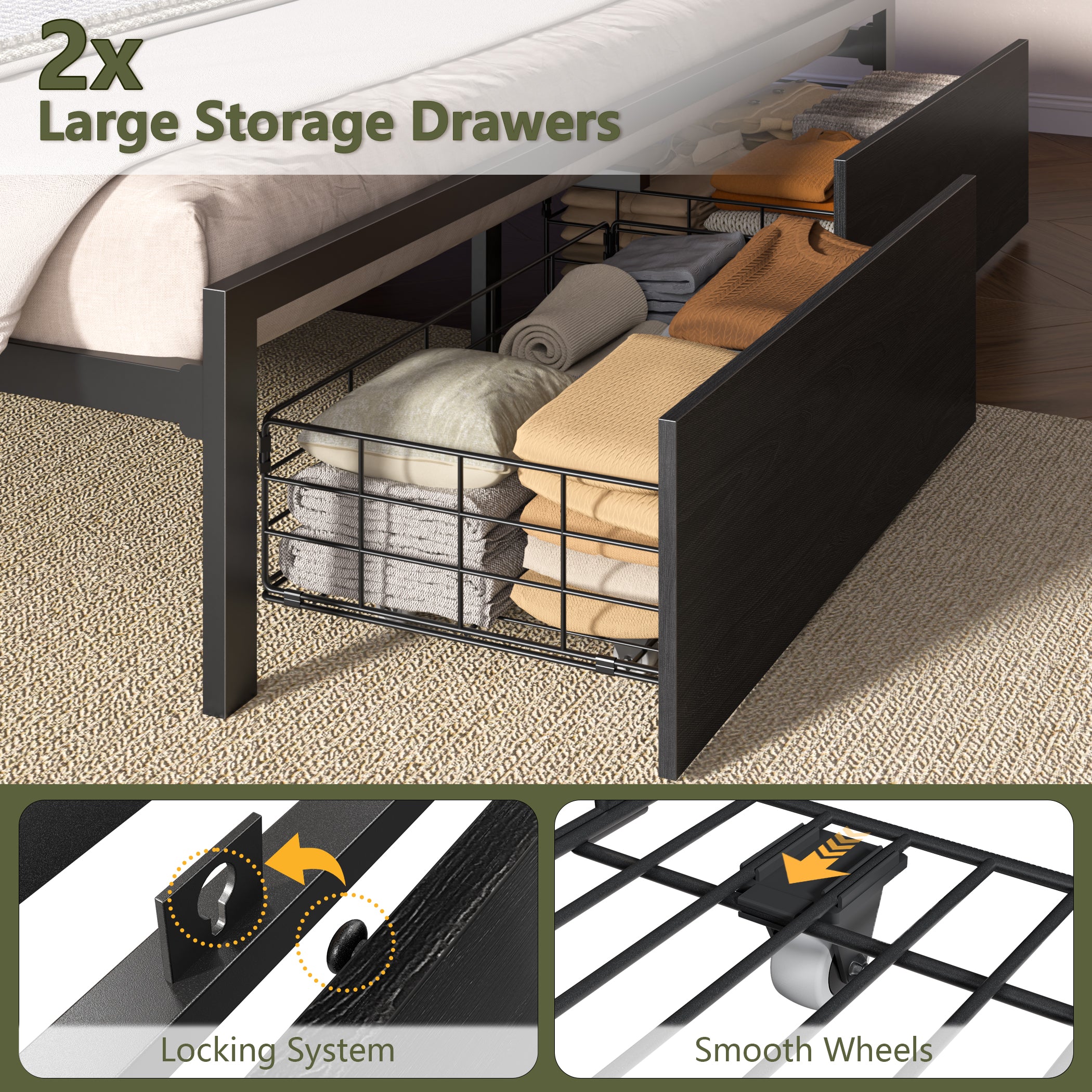 Furnulem Queen Size Bed Frame with Wooden Headboard and Shelves Metal Platform Bed Frame with Storage Drawers LED Lights and Charging Station Black