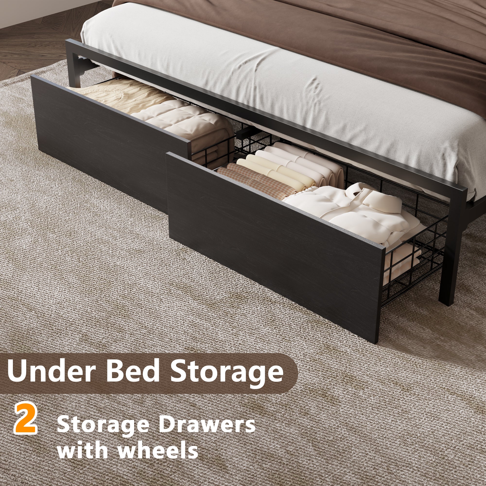 Storage Queen Bed Frame with LED Lights Charging Station Drawers Industrial Rustic Wood Headboard Shelf Black Metal Platform No Box Spring Need