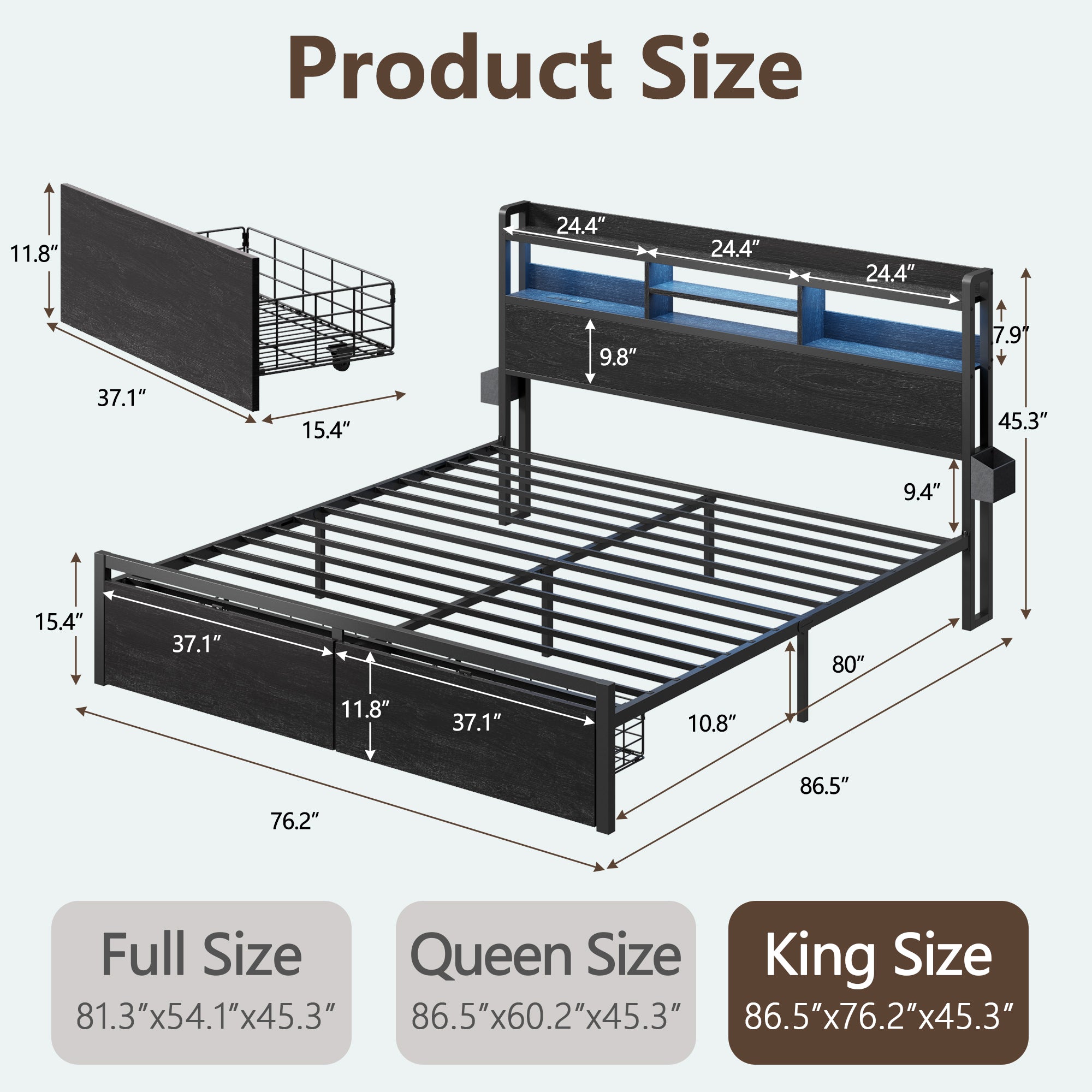 Modern King Bed Frame with Storage Drawers Charging Station USB Ports LED Headboard Shelf Black Metal Platform Bed Heavy Duty Noise Free Support