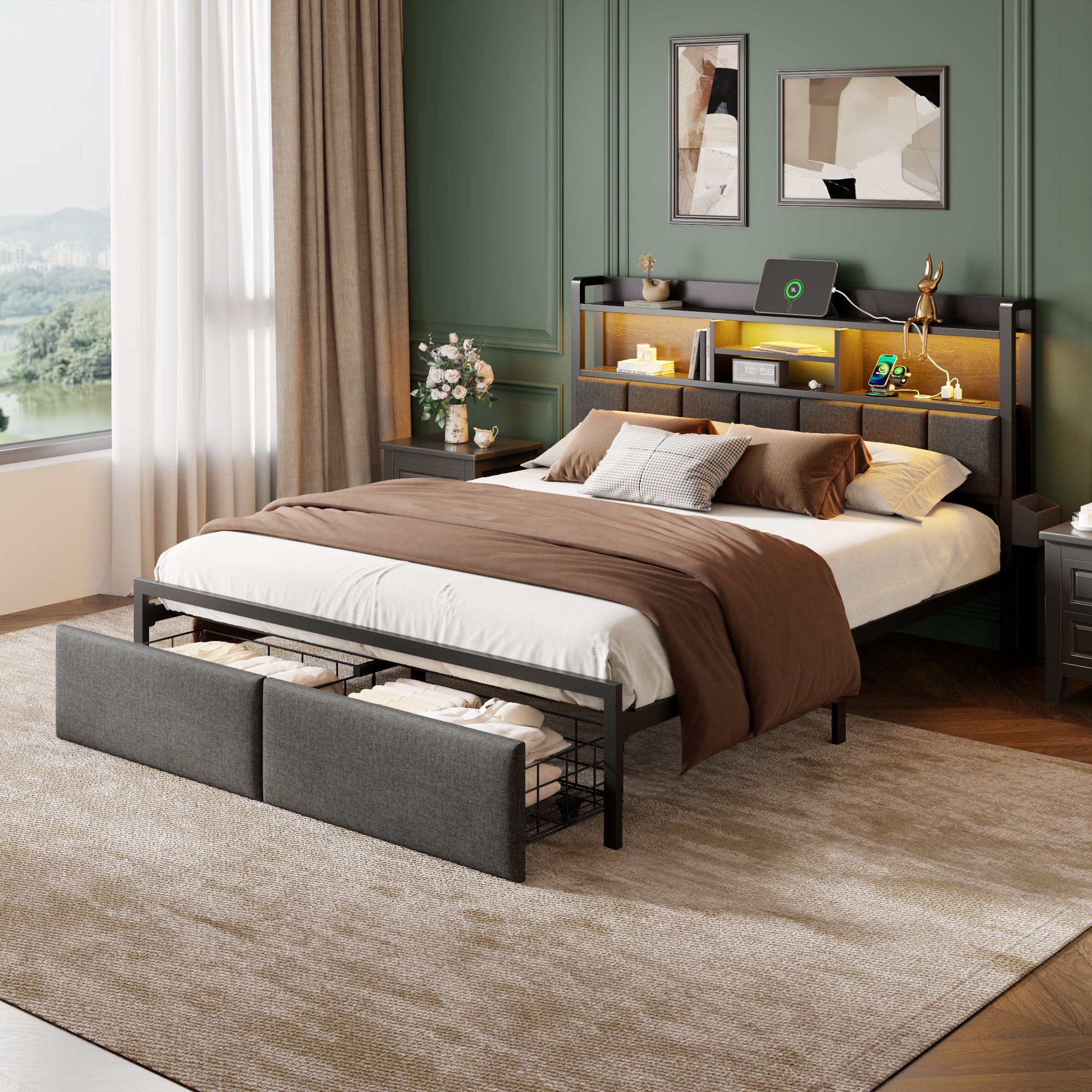 Furnulem Queen Bed Frame with Storage Drawers Upholstered Headboard with LED Light Charging Station Metal Platform Bed Frame No Box Spring Needed