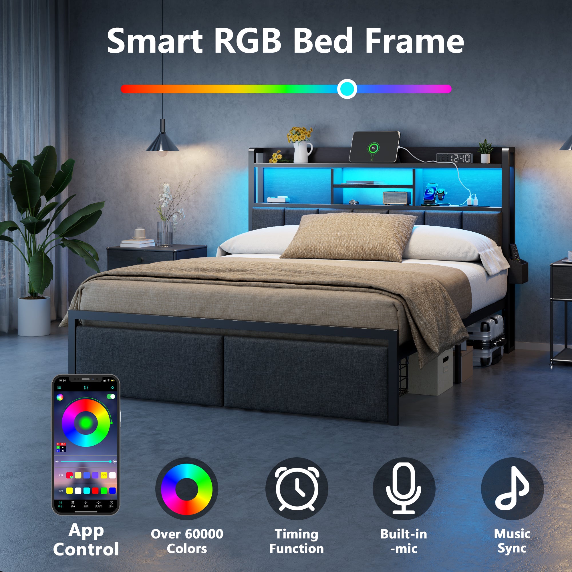 Full Size Upholstered Platform Bed Frame Storage Drawers Headboard Shelf LED Lights Charging Station Metal No Box Spring Needed Teen Bedroom