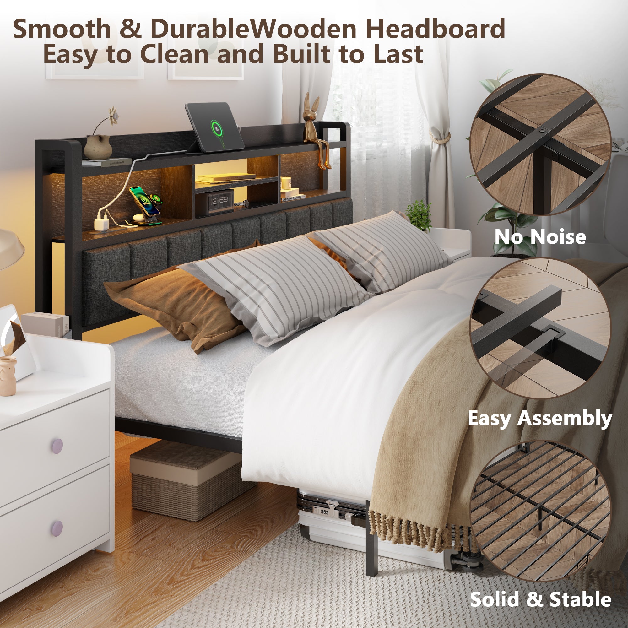 Furnulem Full Size Bed Frame with Storage Drawers Upholstered Headboard with Storage Shelf LED Lights and Charging Station Metal Platform Bed Frame