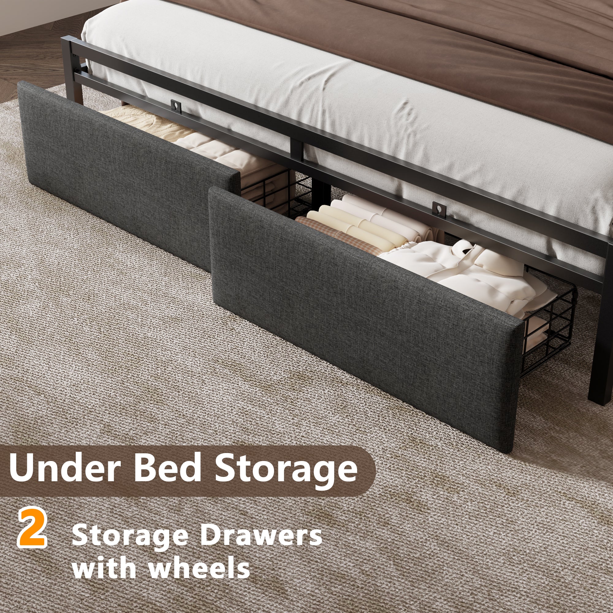 Upholstered King Size Bed Frame with Storage Drawers LED Lights Charging Station Shelf Headboard Heavy Duty Metal Platform Bed Noise Free