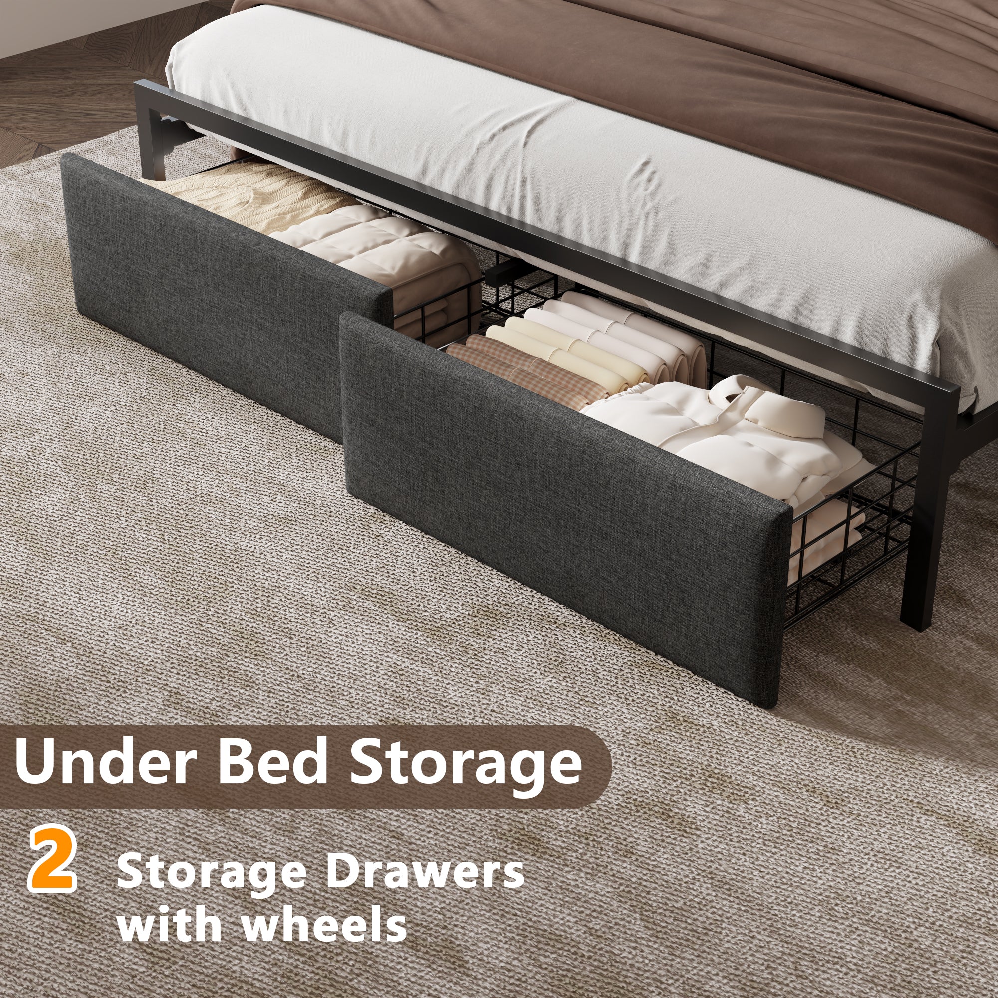 Modern Queen Size Upholstered Platform Bed Frame Storage Drawers Headboard Shelf LED Lights Charging Station Metal No Box Spring Needed Bedroom