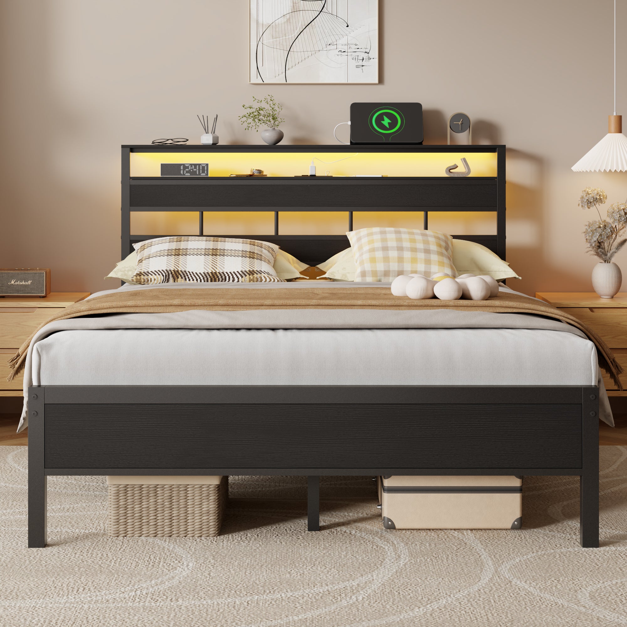 Queen Metal Platform Bed Frame with Bookcase Headboard Charging Station LED Lights Heavy Duty Modern Style USB Ports No Box Spring Needed