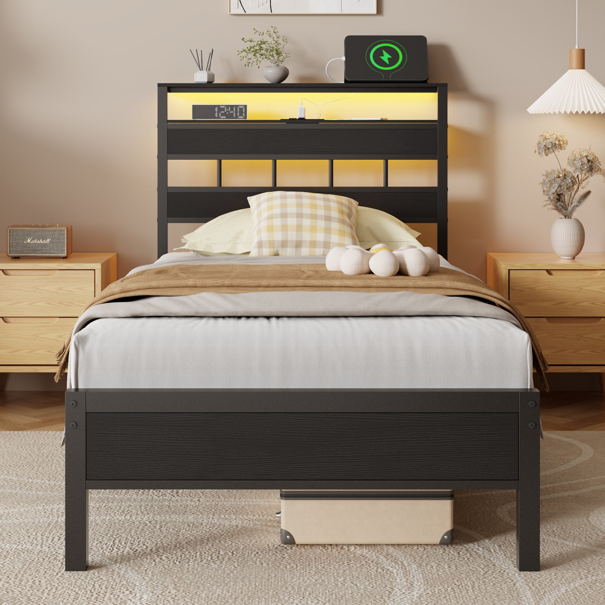 Twin Size Platform Bed Frame with Charging Station LED Lights 2 Tier Storage Shelves Black Oak Wood Headboard Metal Support Kids Teens