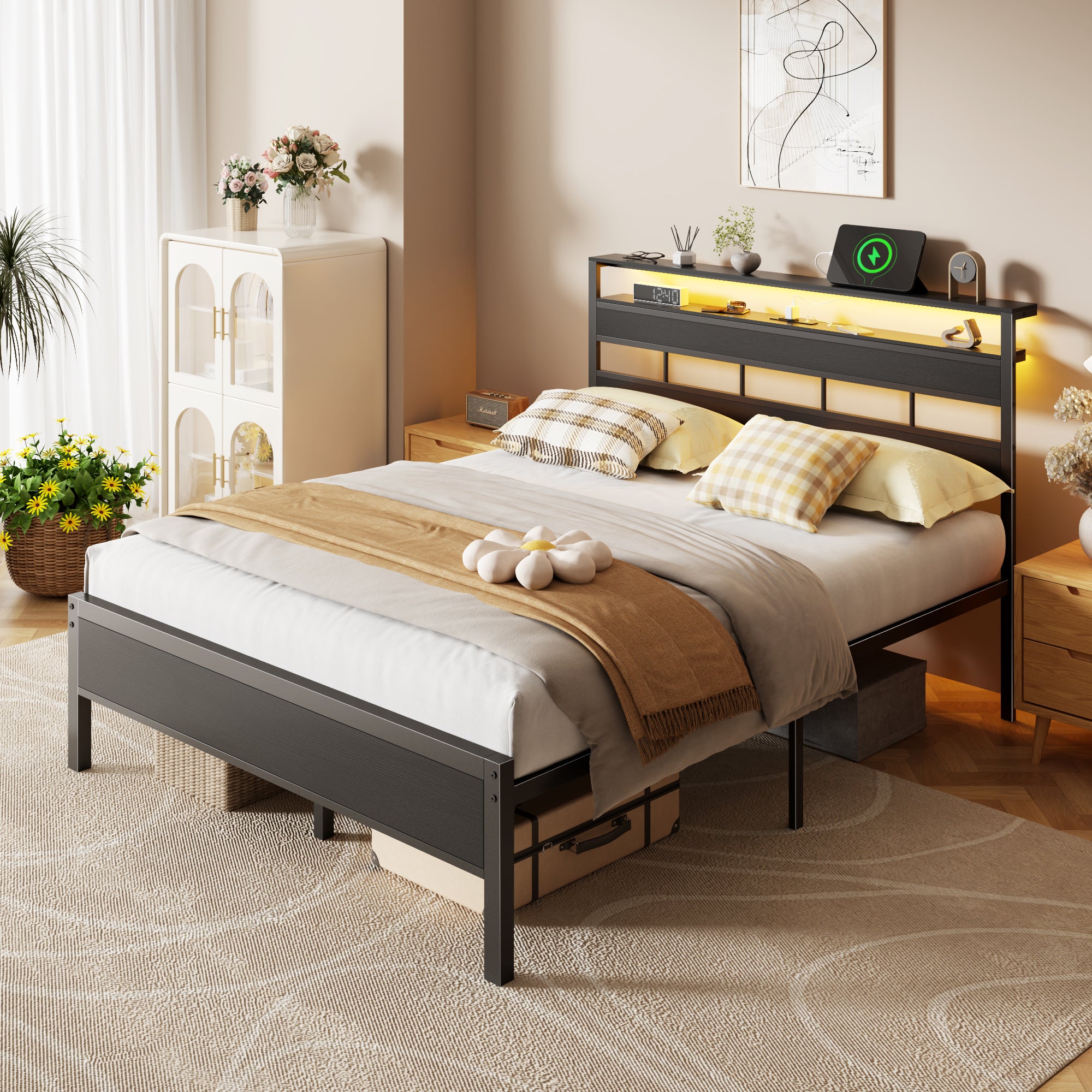 Queen Metal Platform Bed Frame with Bookcase Headboard Charging Station LED Lights Heavy Duty Modern Style USB Ports No Box Spring Needed