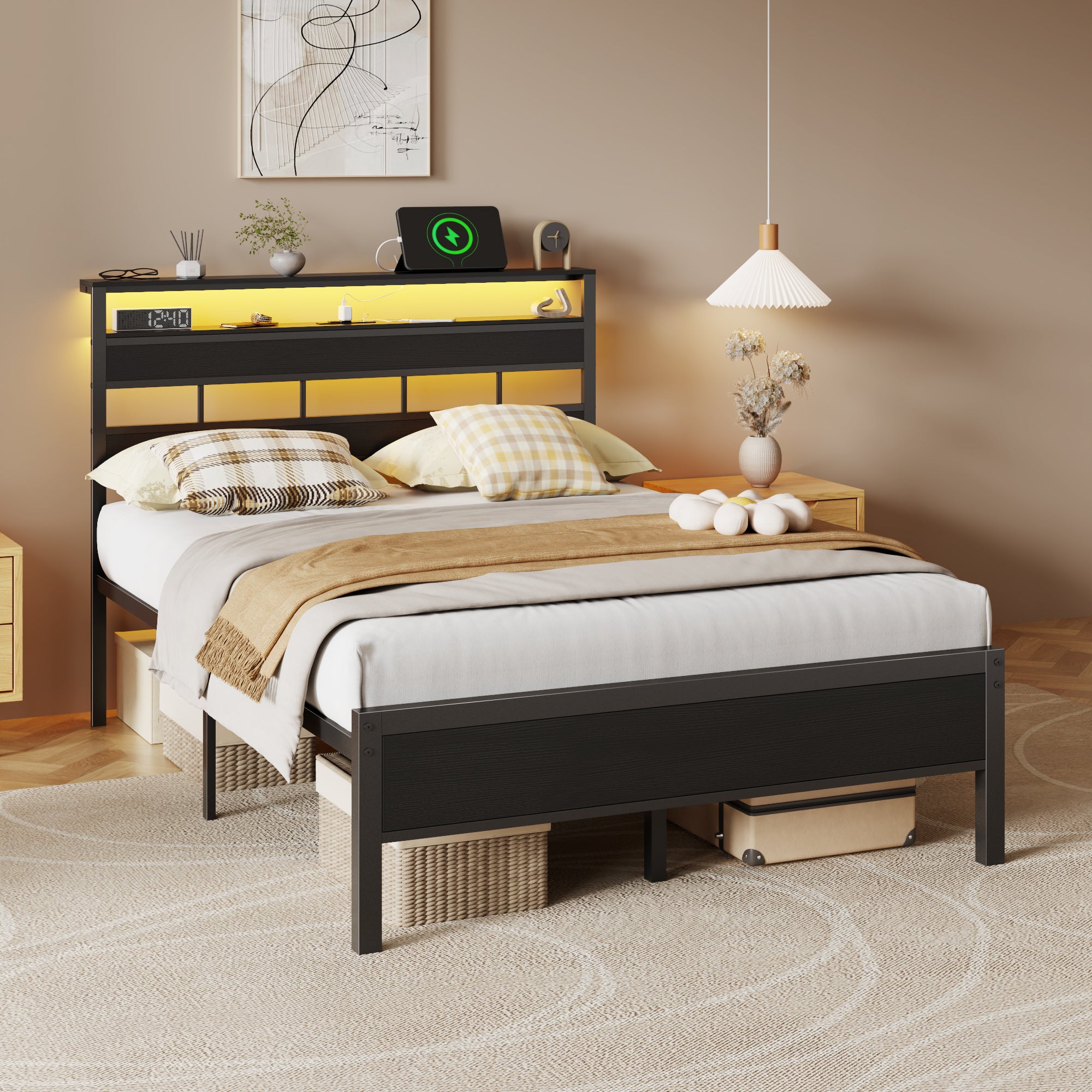 Furnulem Full Size Bed Frame with LED Light and Charging Station Wood Storage Headboard with 2-Tier Shelves Metal Platform Bed with Heavy Duty Slats