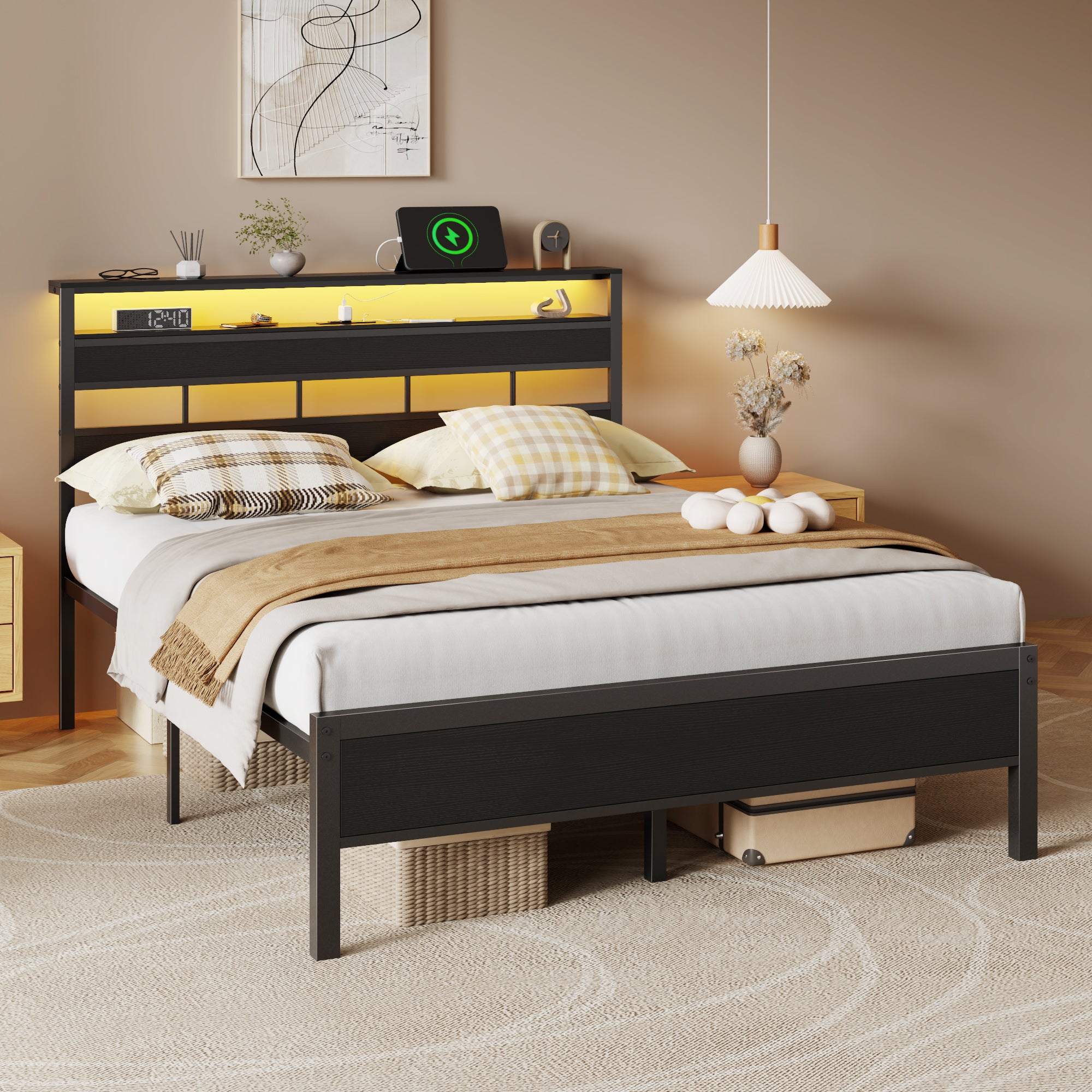 Furnulem Queen Bed Frame with Storage Headboard and LED Lights Metal Bedframe with Charging Station and USB Port Queen Size Bed with Heavy Duty Slats