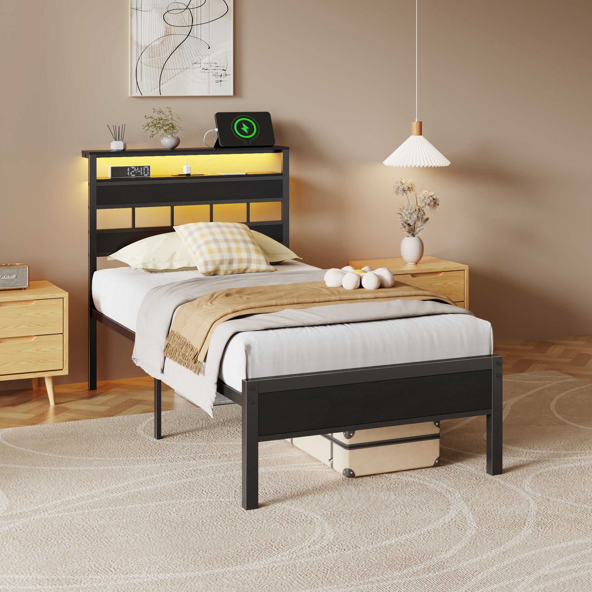 Furnulem Twin Bed Frames with Charging Station LED Light Platform Bed with Metal Slats Wood Headboard with 2Tier Storage Shelves No Box Spring Needed