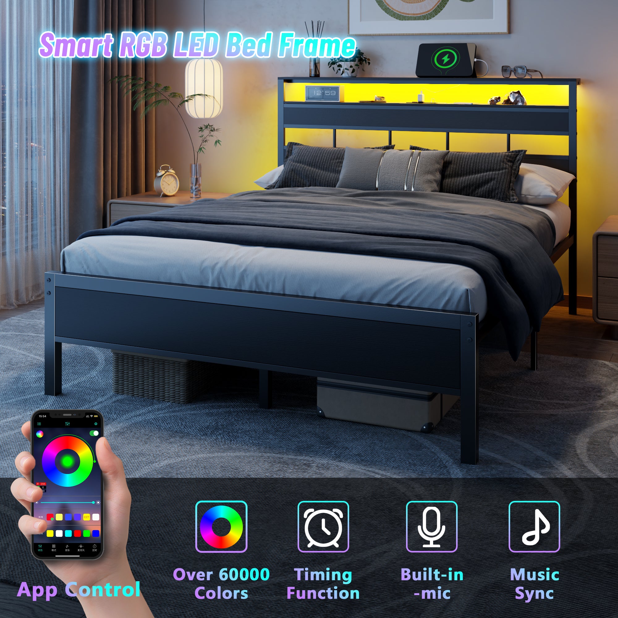 Furnulem Queen Bed Frame with Storage Headboard and LED Lights Metal Bedframe with Charging Station and USB Port Queen Size Bed with Heavy Duty Slats