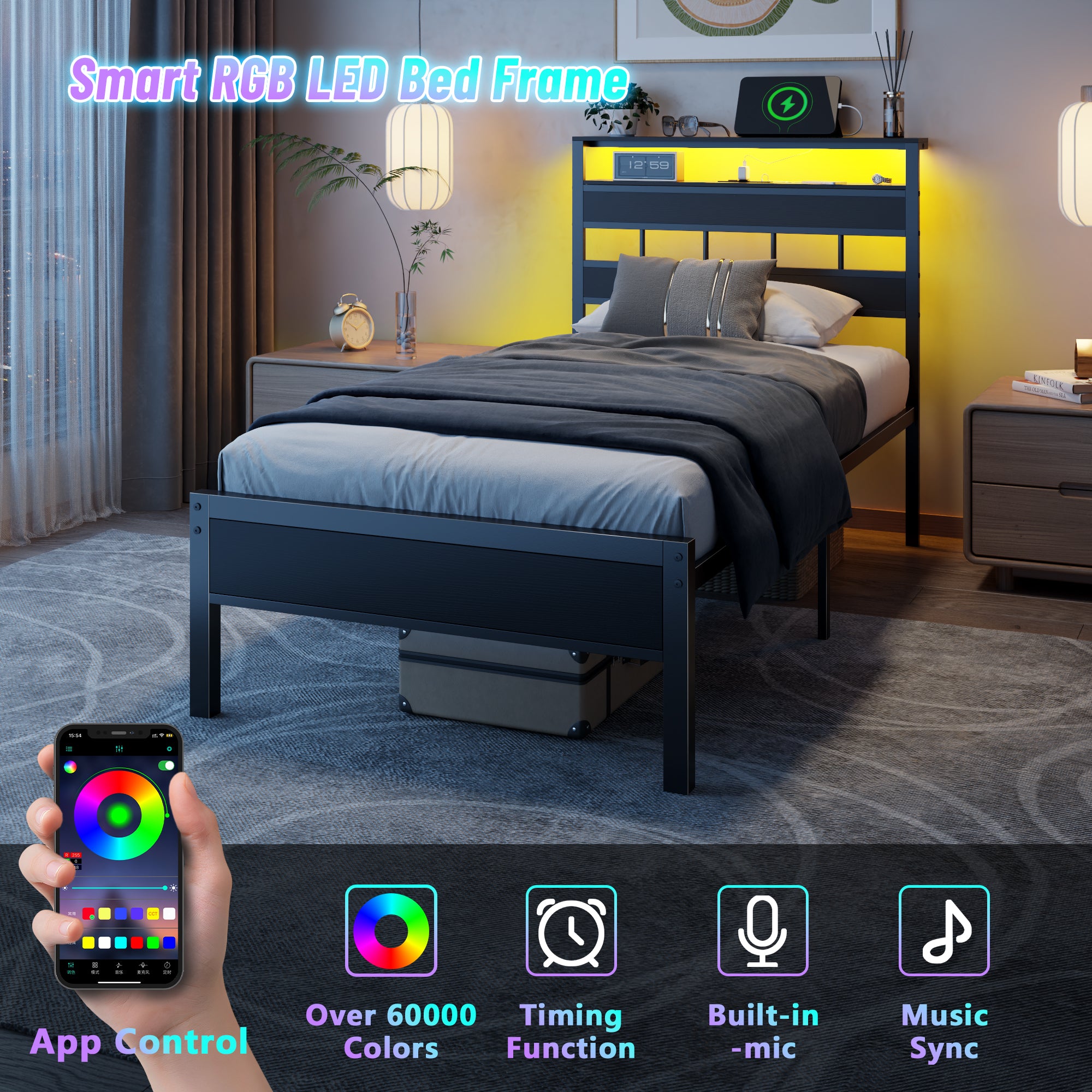 Furnulem Twin Bed Frames with Charging Station LED Light Platform Bed with Metal Slats Wood Headboard with 2Tier Storage Shelves No Box Spring Needed