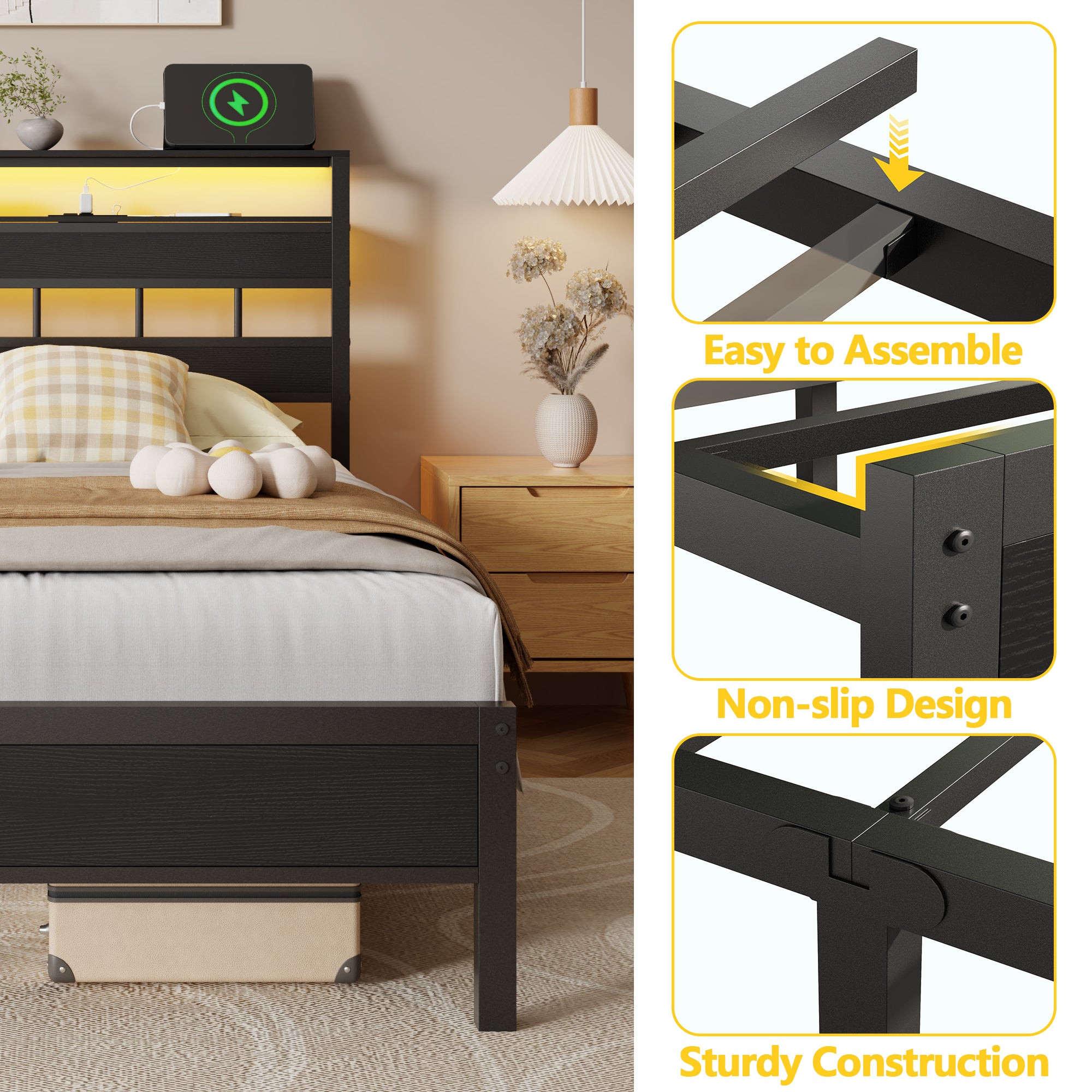 Furnulem Twin Bed Frames with Charging Station LED Light Platform Bed with Metal Slats Wood Headboard with 2Tier Storage Shelves No Box Spring Needed