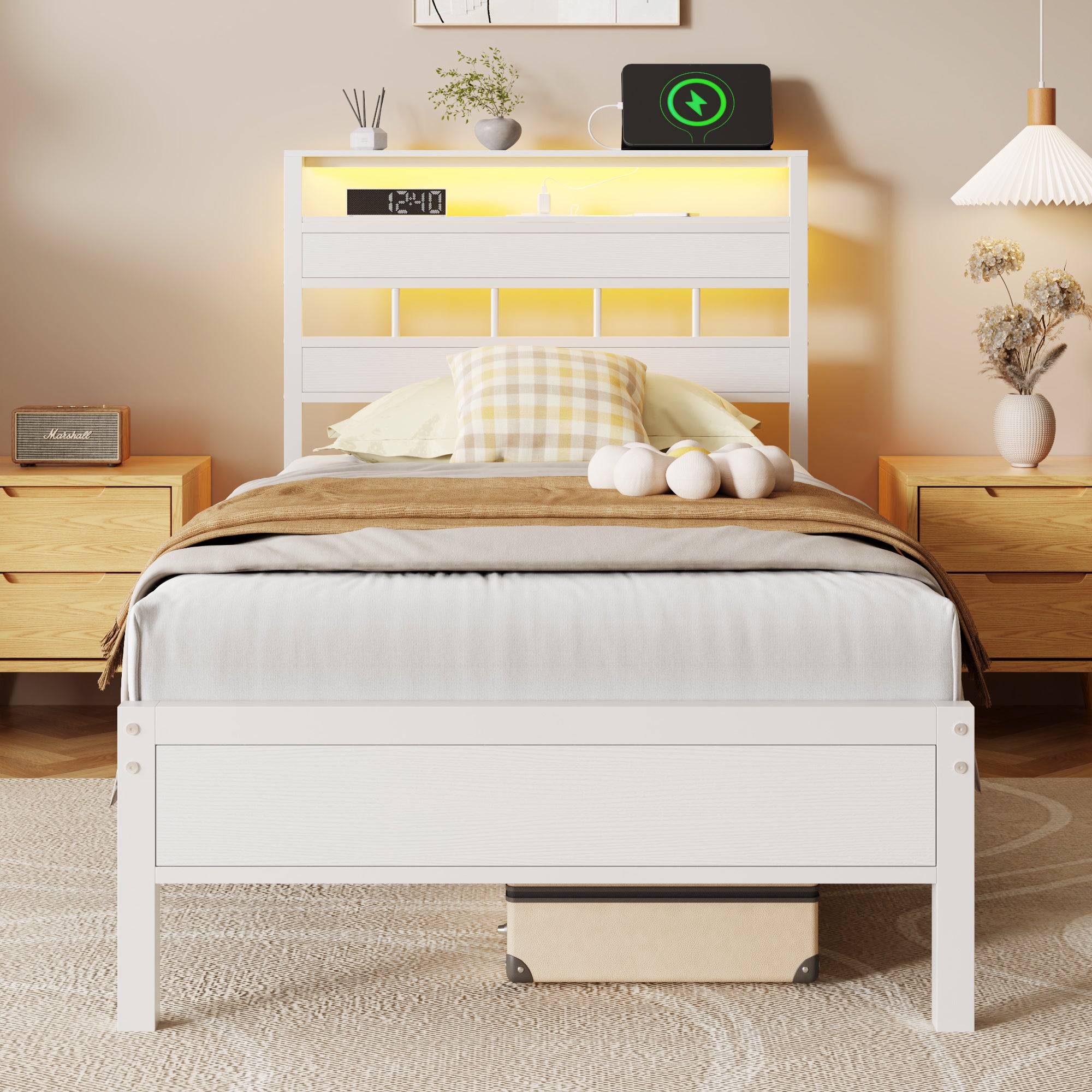 White Twin Platform Bed Frame with Bookcase Storage Headboard LED Lights Charging Station Metal Support No Box Spring Needed Kids Dorm Room