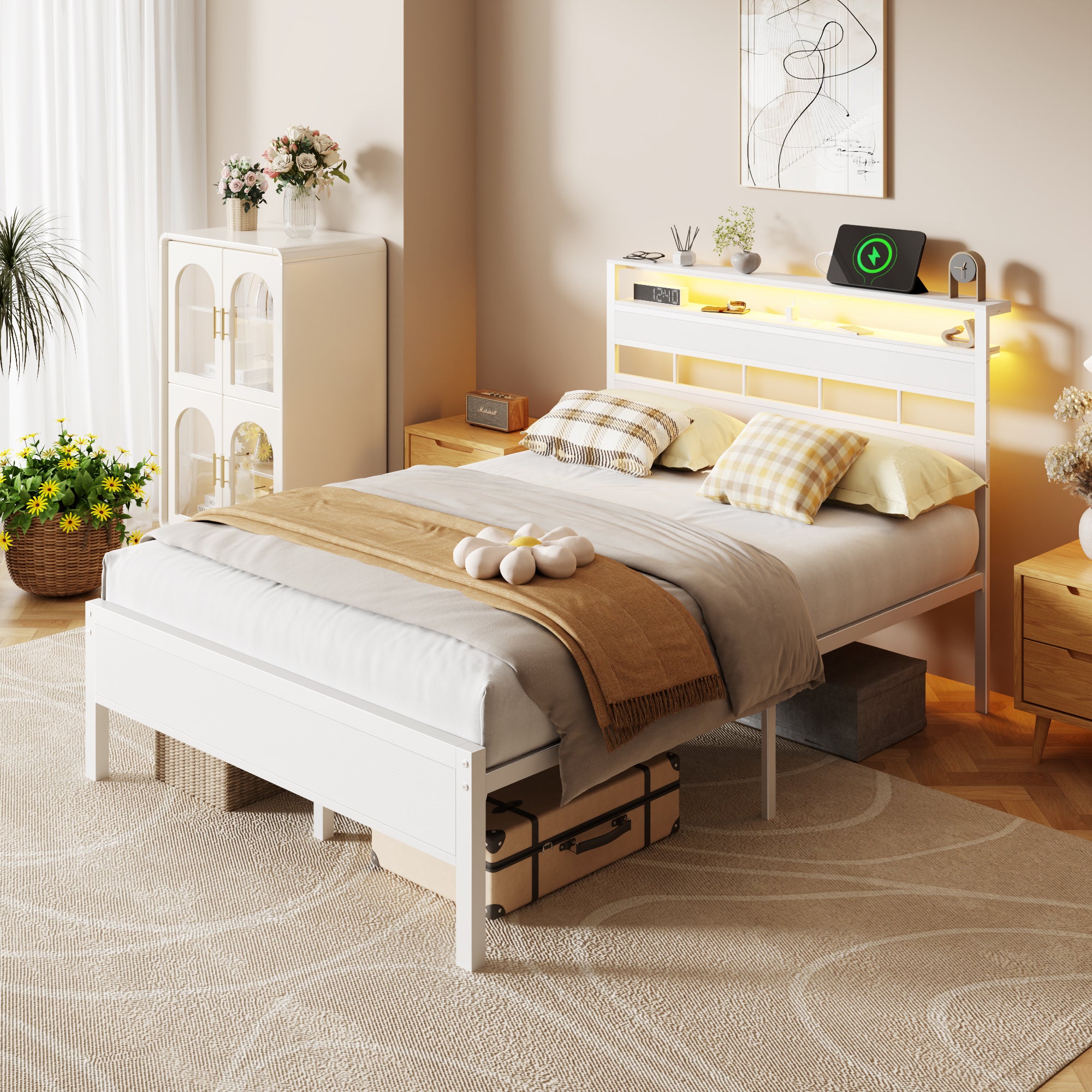 White Full Size Platform Bed Frame Storage Headboard Charging Station LED Lights Heavy Duty Metal Slat Support No Box Spring Needed Under Bed Space