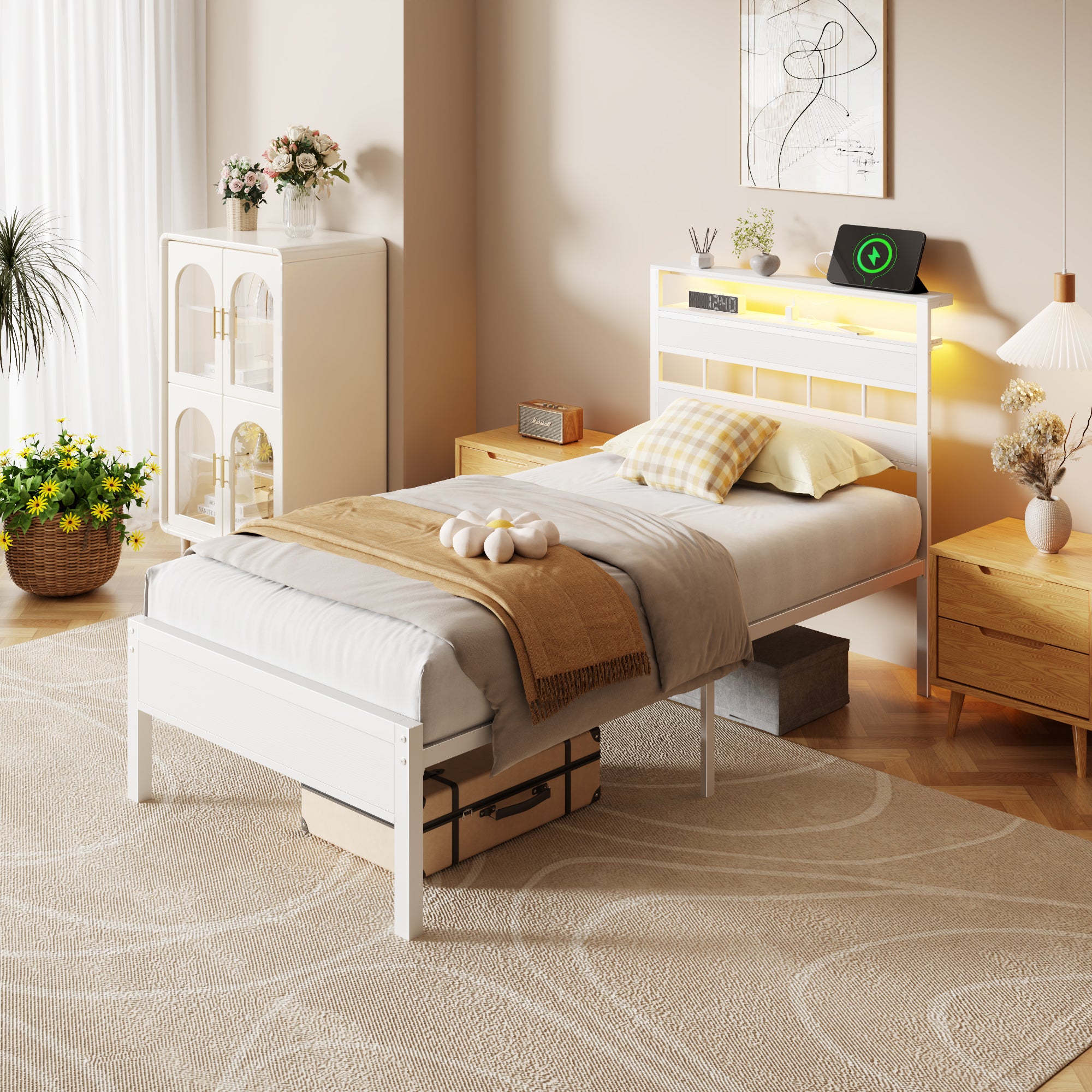 Modern White Twin Bed Frame with Charging Station LED Lights Storage Shelves Headboard Metal Platform No Box Spring Needed Kids Teen Dorm