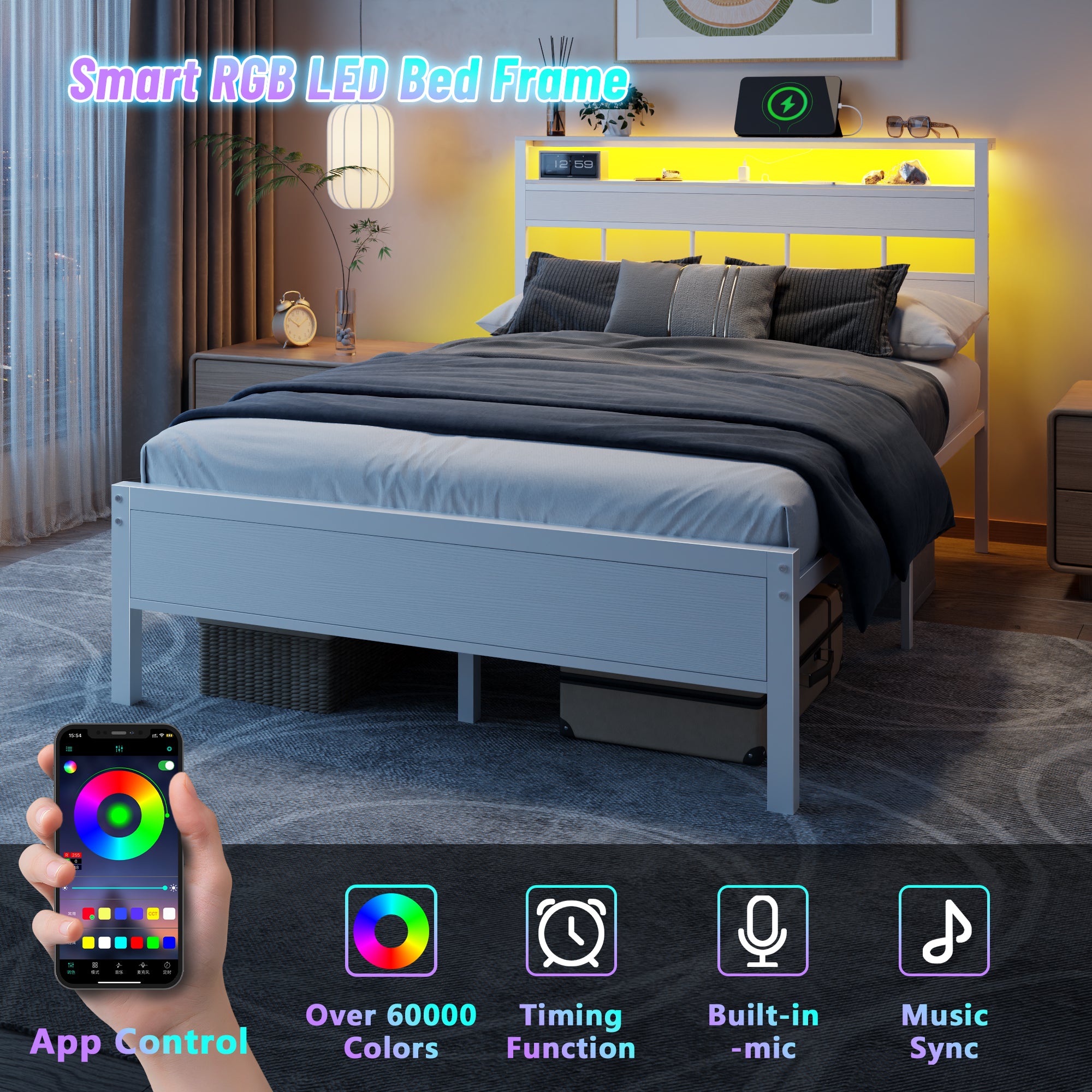 Full Size Bed Frame with Storage Headboard and LED Lights Metal Bedframe with Charging Station and USB Port Platform Bed with Heavy Duty Slats White