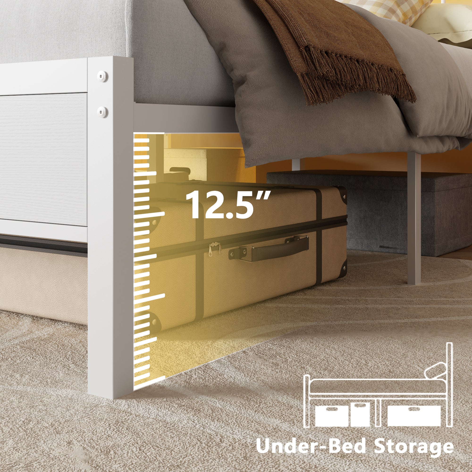 Modern White Queen Size Bed Frame LED Lights Charging Station Storage Headboard Metal Platform Mattress Foundation No Box Spring Needed Noise Free